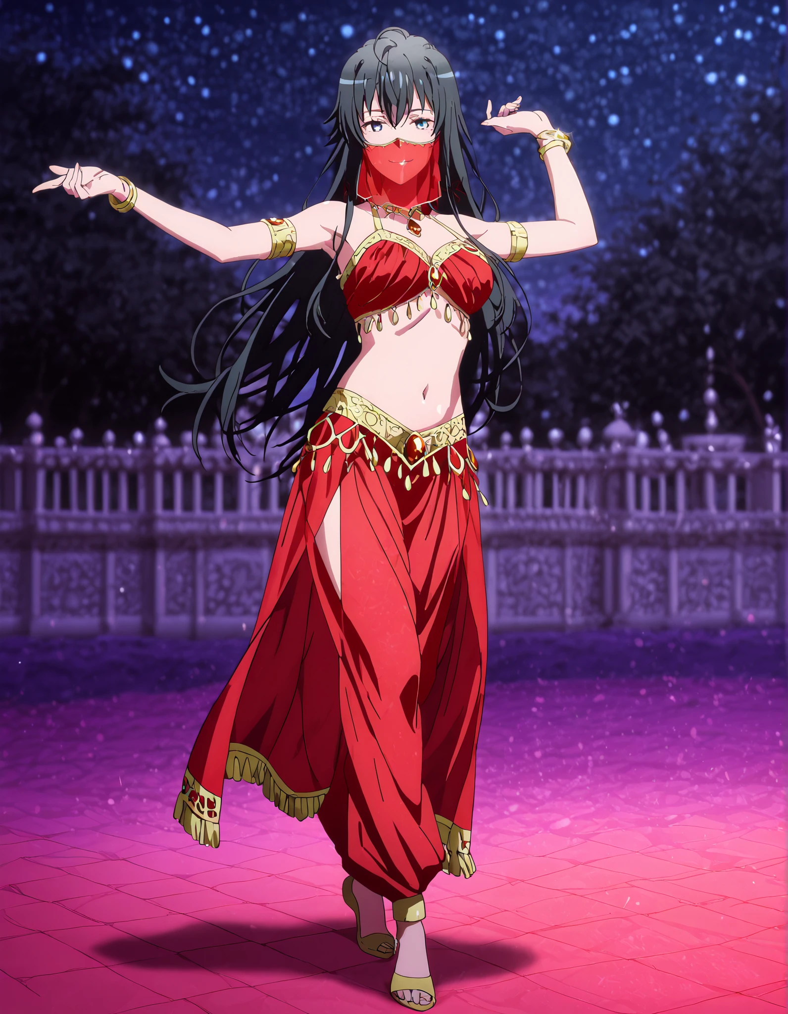 (1girl:1 . 5) , (Seul:1 . 5) , score_9 , score_8_haut , score_7_haut , source_anime , Official work , ultra-detailed , masterpiece , better quality , high resolution , beaux yeux , detailed eyes , Detailed face , beautiful detailed eyes black hair, blue eyes, long hair,My Teen Romantic Comedy SNAFU,Yukino Yukinoshita,Arabian Clothes , Arabian Dancer Outfit ,belly dancer costume,belly dancer outfit ,full body,golden jewelery,mouth veil,armlet, belly dancing,night,arabian garden,seductive smile, dancing with veil, dynamic movement,dance posture, seductive pose
