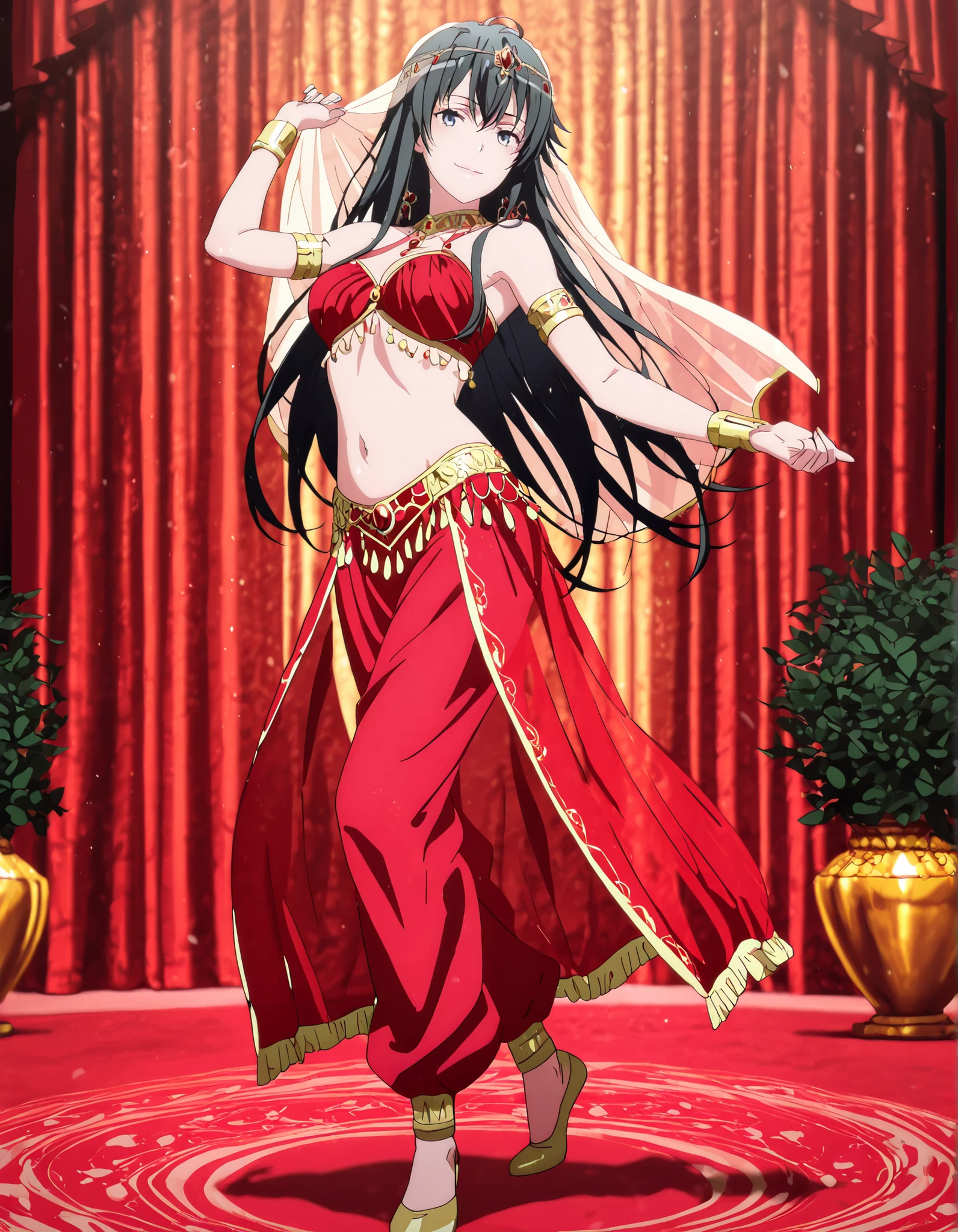 (1girl:1 . 5) , (Seul:1 . 5) , score_9 , score_8_haut , score_7_haut , source_anime , Official work , ultra-detailed , masterpiece , better quality , high resolution , beaux yeux , detailed eyes , Detailed face , beautiful detailed eyes black hair, blue eyes, long hair,My Teen Romantic Comedy SNAFU,Yukino Yukinoshita,Arabian Clothes , Arabian Dancer Outfit ,belly dancer costume,belly dancer outfit ,full body,golden jewelery,armlet, belly dancing,arabian garden,seductive smile, dancing with veil, dynamic movement,dance posture, seductive pose