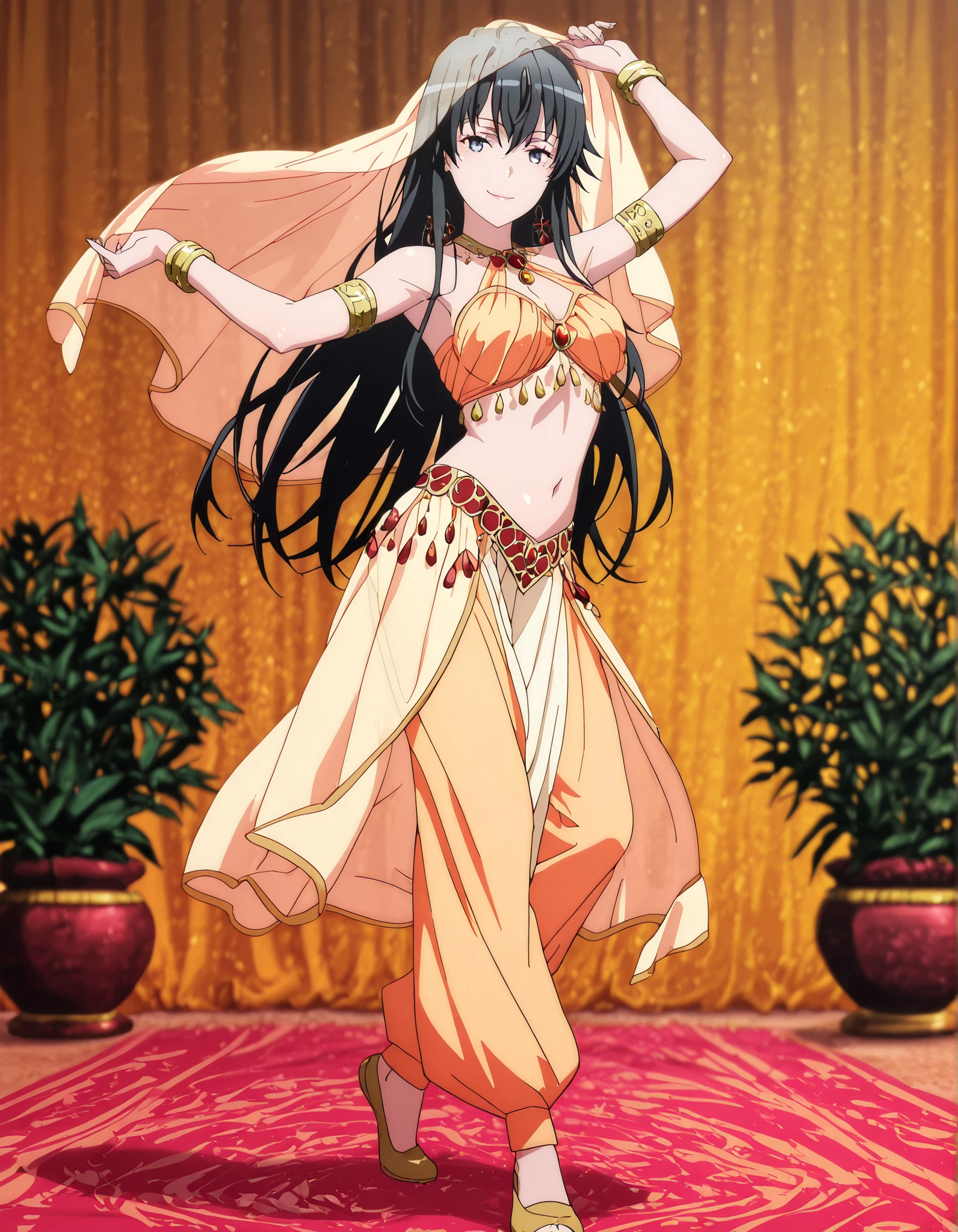 (1girl:1 . 5) , (Seul:1 . 5) , score_9 , score_8_haut , score_7_haut , source_anime , Official work , ultra-detailed , masterpiece , better quality , high resolution , beaux yeux , detailed eyes , Detailed face , beautiful detailed eyes black hair, blue eyes, long hair,My Teen Romantic Comedy SNAFU,Yukino Yukinoshita,Arabian Clothes , Arabian Dancer Outfit ,belly dancer costume,belly dancer outfit ,full body,golden jewelery,armlet, belly dancing,arabian garden,seductive smile, dancing with veil, dynamic movement,dance posture, seductive pose
