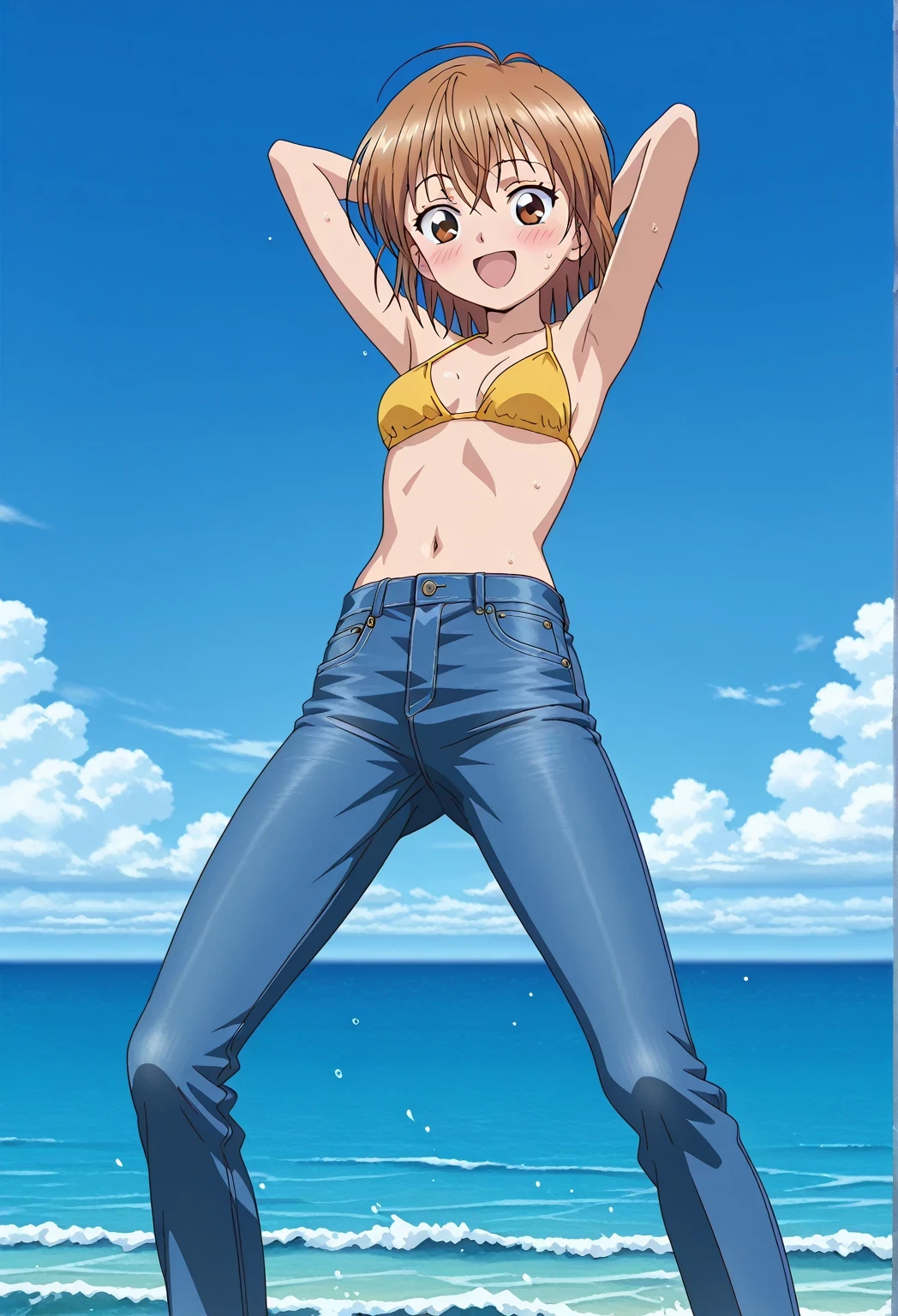 score_9, score_8_up, score_7_up, source_anime, highres, hi res, ((best quality, top quality, perfect quality, Highest Quality, amazing quality)), {{masterpiece}}, {{an extremely delicate and beautiful}}, 2d, intricate details, official style, anime, 8k, anime style, official_anime, official art, digital painting, cell shading, soft shading, high resolution, soothing tones, Subdued Color, Soft cinematic light, adobe lightroom, photolab, HDR, intricately and hyper-detailed, ((high quality animation)), 1 girl, Alone, solo, ((ocean)), tsunami, on the water, day, sunny, outdoors, sky, windy, nagisa misumi, short hair, brown hair, brown eyes, anime screencap, small breasts, yellow bikini top, best quality, hyper-detailed jeans, ((blue jeans:1.9)), (dark blue jeans:0.6), full medium body, medium shot, Open mouth, smiling, happy face, blush, sweat, standing, ((arms behind head:6.0)), bowlegged, jumping pose, action, looking at viewer, spread legs, Bend knees slightly, straight-on front view