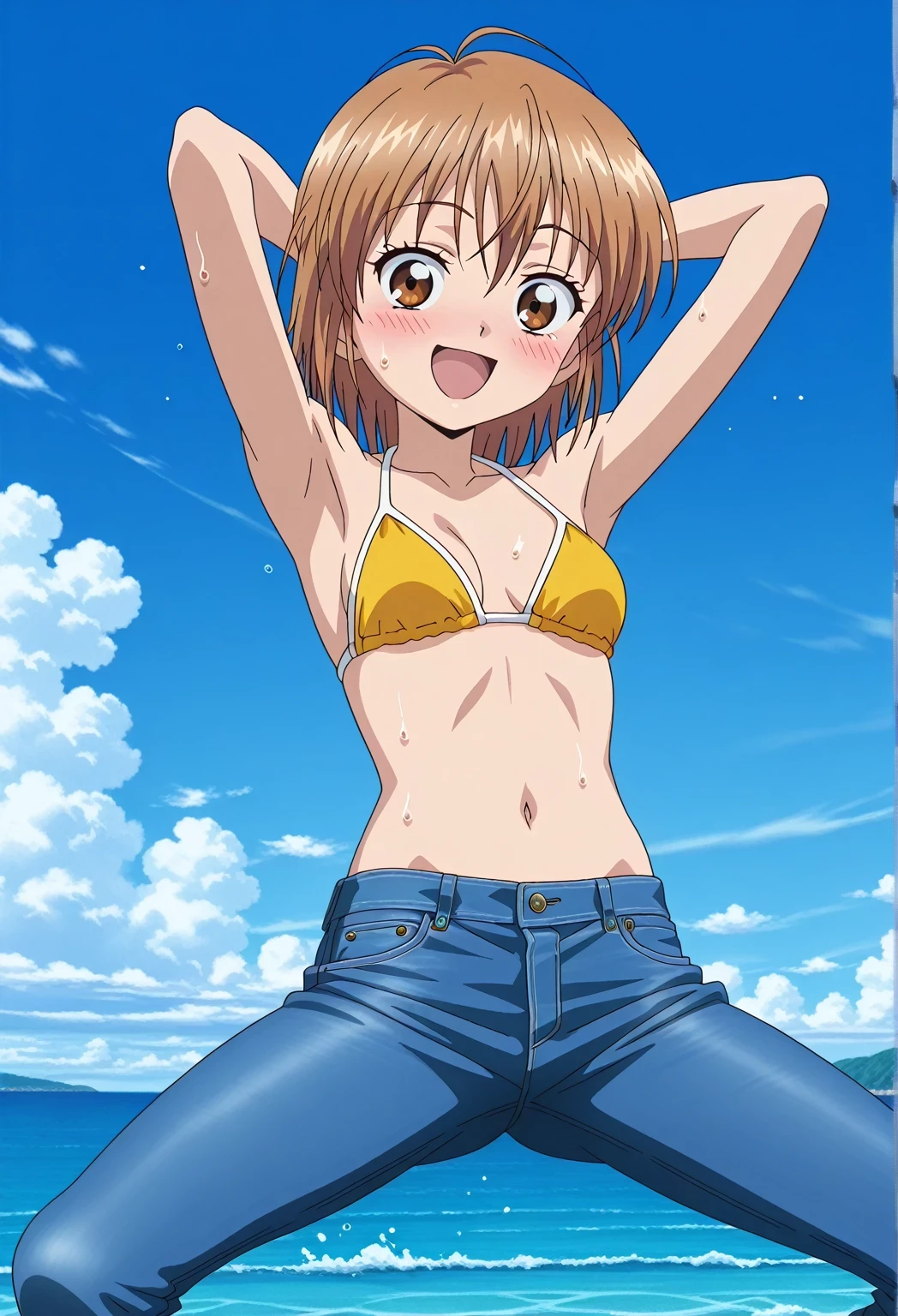 score_9, score_8_up, score_7_up, source_anime, highres, hi res, ((best quality, top quality, perfect quality, Highest Quality, amazing quality)), {{masterpiece}}, {{an extremely delicate and beautiful}}, 2d, intricate details, official style, anime, 8k, anime style, official_anime, official art, digital painting, cell shading, soft shading, high resolution, soothing tones, Subdued Color, Soft cinematic light, adobe lightroom, photolab, HDR, intricately and hyper-detailed, ((high quality animation)), 1 girl, Alone, solo, ((ocean)), tsunami, on the water, day, sunny, outdoors, sky, windy, nagisa misumi, short hair, brown hair, brown eyes, anime screencap, small breasts, yellow bikini top, best quality, hyper-detailed jeans, ((blue jeans:1.9)), (dark blue jeans:0.6), full medium body, medium shot, Open mouth, smiling, happy face, blush, sweat, standing, ((arms behind head:6.0)), bowlegged, jumping pose, action, looking at viewer, spread legs, Bend knees slightly, straight-on front view