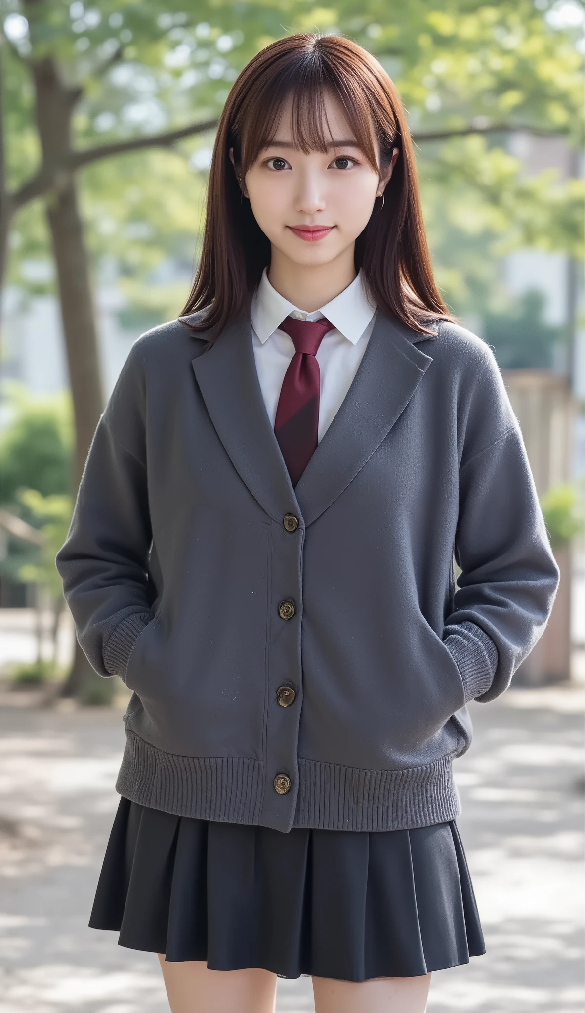 Highest Quality ,photographic clarity,8K Ultra High Resolution , Highest Image Quality 、masterpiece, so detailed about the trend , Detailed costume features , detailed facial features, high definition model , Beautiful Japanese Woman , ONE WOMAN , Distant Subjects , Women at a Distance ,(I can clearly see the top of my head :2.0),( drawing:1.5),Model stand, anatomically correct,Correct Human Anatomy,(Full Body:2.3),(wide angle:2.3),( Full Bodyショット:2.3), (wide shot:2.3), (Dutch Angle Shot:2.5),(Misato Ugaki:1.5), dark haired, bob hair, straight hair,Hair over the ears,Bang,smile,Small Faces,young and cute Japanese face , textured skin while drinking milk,uniform, high school girl,red and black tie,( white business shirt+ gray cardigan + Black Jacket), I can see the Y shirt from the cardigan collar, Glamorous body, big bulging breasts ,Closed chest, A stylish and sexy woman is wearing a gray cardigan , black pleated mini skirt ,(black tights for hypnosis:1.5),sexy leg , I can clearly see my head ,