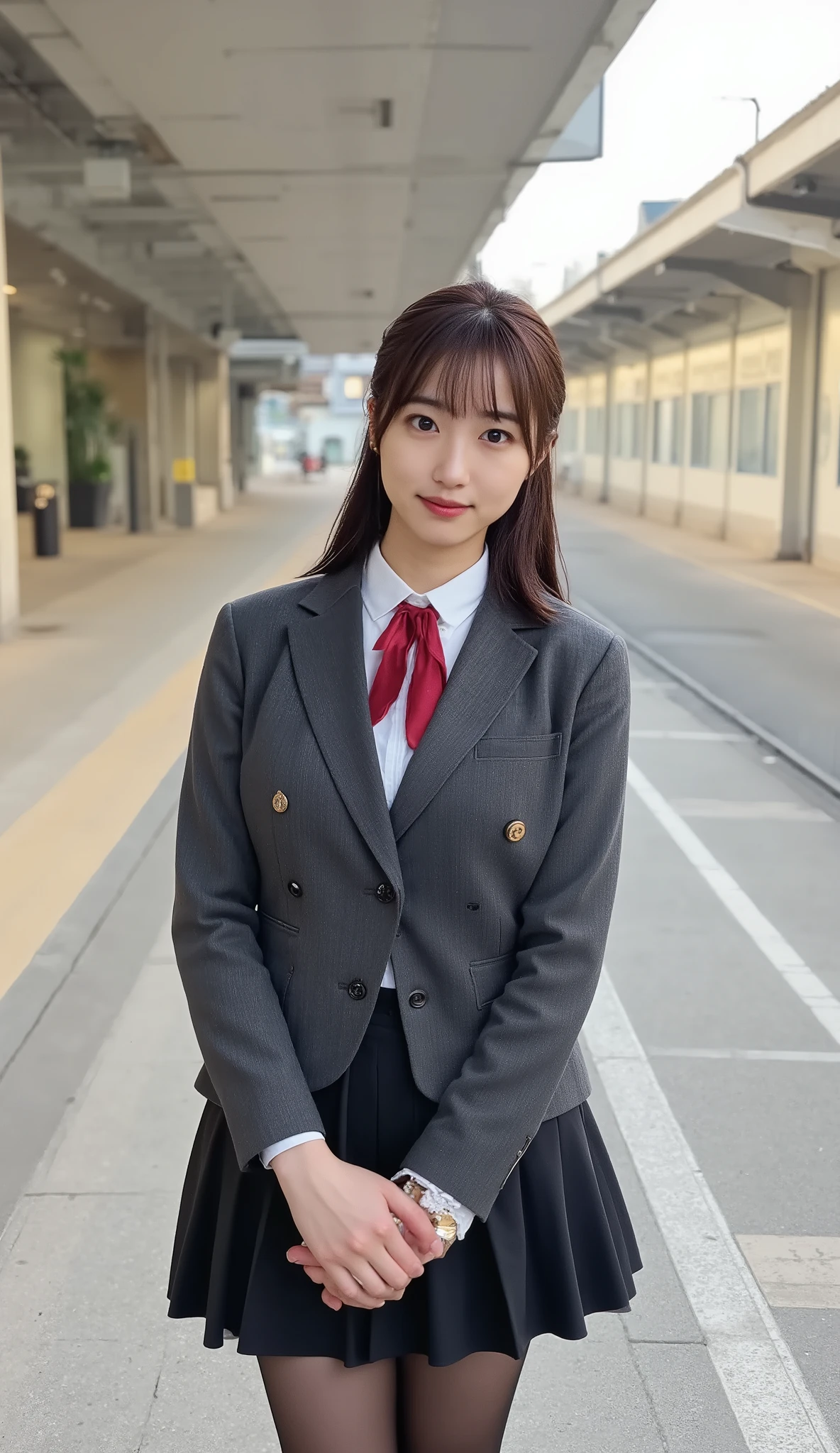 Highest Quality ,photographic clarity,8K Ultra High Resolution , Highest Image Quality 、masterpiece, so detailed about the trend , Detailed costume features , detailed facial features, high definition model , Beautiful Japanese Woman , ONE WOMAN , Distant Subjects , Women at a Distance ,(I can clearly see the top of my head :2.0),( drawing:1.5),Model stand, anatomically correct,Correct Human Anatomy,(Full Body:2.3),(wide angle:2.3),( Full Bodyショット:2.3), (wide shot:2.3), (Dutch Angle Shot:2.5),(Misato Ugaki:1.5), dark haired, bob hair, straight hair,Hair over the ears,Bang,smile,Small Faces,young and cute Japanese face , textured skin while drinking milk,uniform, high school girl,red and black tie,( white business shirt+ gray cardigan + Black Jacket), I can see the Y shirt from the cardigan collar, Glamorous body, big bulging breasts ,Closed chest, A stylish and sexy woman is wearing a gray cardigan , black pleated mini skirt ,(black tights for hypnosis:1.5),sexy leg , I can clearly see my head ,