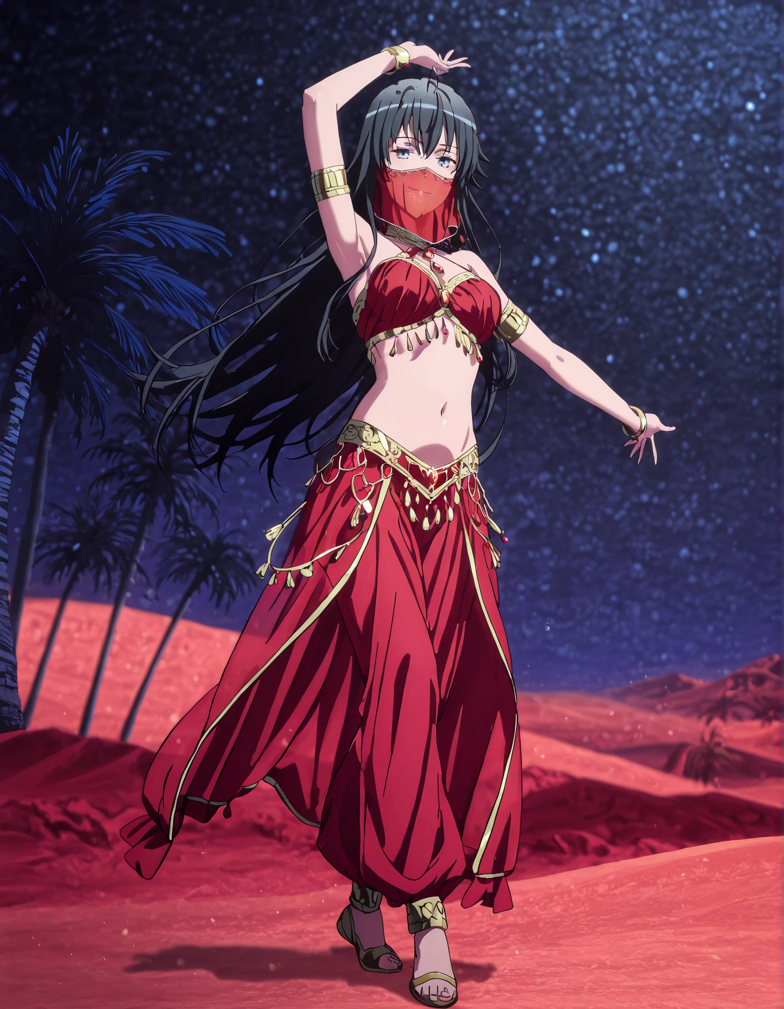 (1girl:1 . 5) , (Seul:1 . 5) , score_9 , score_8_haut , score_7_haut , source_anime , Official work , ultra-detailed , masterpiece , better quality , high resolution , beaux yeux , detailed eyes , Detailed face , beautiful detailed eyes black hair, blue eyes, long hair,My Teen Romantic Comedy SNAFU,Yukino Yukinoshita,Arabian Clothes , Arabian Dancer Outfit ,belly dancer costume,belly dancer outfit ,full body,golden jewelery,mouth veil,armlet, belly dancing,night,desert lands,palm tree,seductive smile, dancing with veil, dynamic movement,dance posture, seductive pose