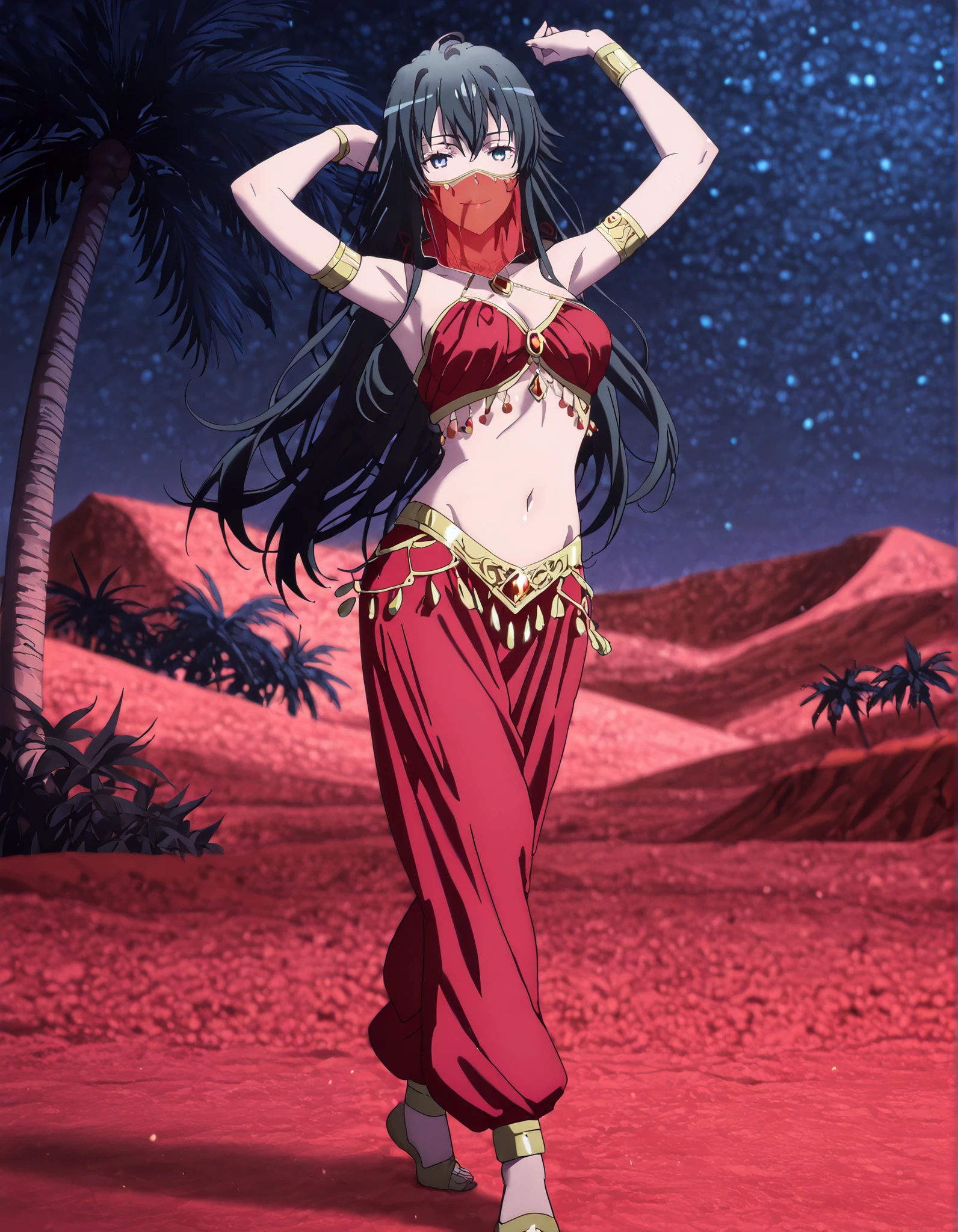 (1girl:1 . 5) , (Seul:1 . 5) , score_9 , score_8_haut , score_7_haut , source_anime , Official work , ultra-detailed , masterpiece , better quality , high resolution , beaux yeux , detailed eyes , Detailed face , beautiful detailed eyes black hair, blue eyes, long hair,My Teen Romantic Comedy SNAFU,Yukino Yukinoshita,Arabian Clothes , Arabian Dancer Outfit ,belly dancer costume,belly dancer outfit ,full body,golden jewelery,mouth veil,armlet, belly dancing,night,desert lands,palm tree,seductive smile, dancing with veil, dynamic movement,dance posture, seductive pose