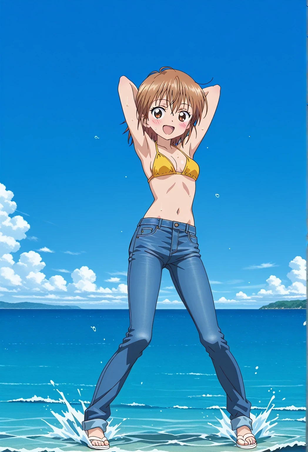 score_9, score_8_up, score_7_up, source_anime, highres, hi res, ((best quality, top quality, perfect quality, Highest Quality, amazing quality)), {{masterpiece}}, {{an extremely delicate and beautiful}}, 2d, intricate details, official style, anime, 8k, anime style, official_anime, official art, digital painting, cell shading, soft shading, high resolution, soothing tones, Subdued Color, Soft cinematic light, adobe lightroom, photolab, HDR, intricately and hyper-detailed, ((high quality animation)), 1 girl, Alone, solo, ((ocean)), tsunami, on the water, day, sunny, outdoors, sky, windy, nagisa misumi, short hair, brown hair, brown eyes, anime screencap, small breasts, yellow bikini top, best quality, hyper-detailed jeans, ((blue jeans:1.9)), (dark blue jeans:0.6), full medium body, medium shot, Open mouth, smiling, happy face, blush, sweat, standing, ((arms behind head:6.0)), bowlegged, jumping pose, action, looking at viewer, spread legs, Bend knees slightly, straight-on front view