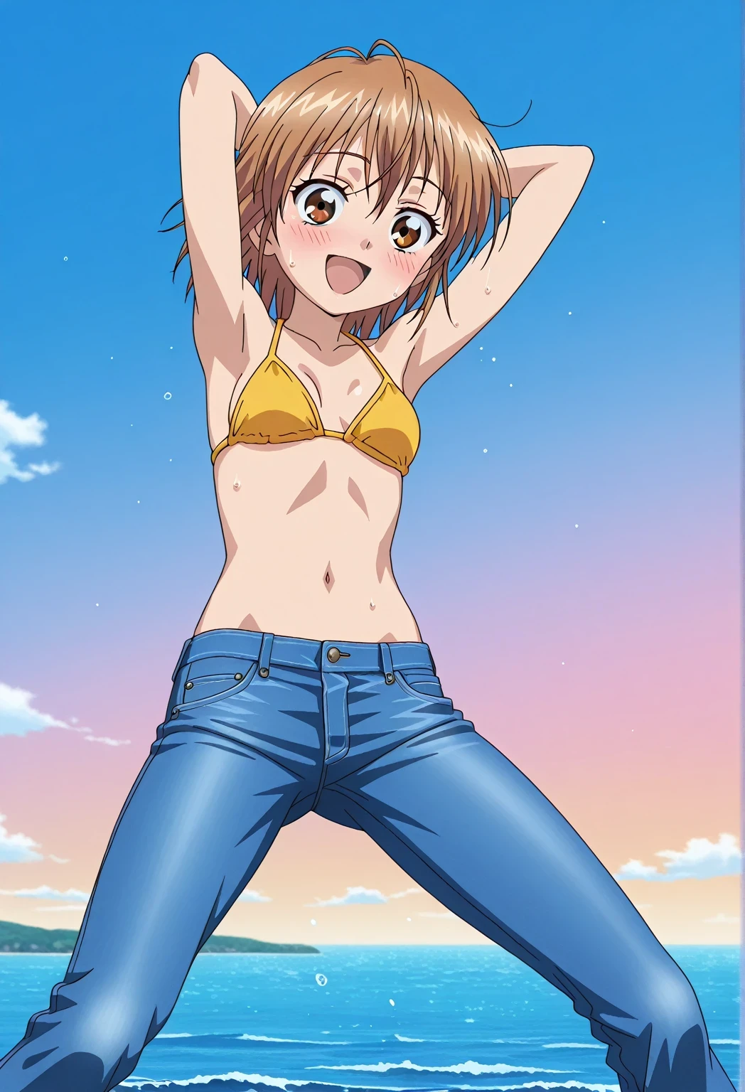 score_9, score_8_up, score_7_up, source_anime, highres, hi res, ((best quality, top quality, perfect quality, Highest Quality, amazing quality)), {{masterpiece}}, {{an extremely delicate and beautiful}}, 2d, intricate details, official style, anime, 8k, anime style, official_anime, official art, digital painting, cell shading, soft shading, high resolution, soothing tones, Subdued Color, Soft cinematic light, adobe lightroom, photolab, HDR, intricately and hyper-detailed, ((high quality animation)), 1 girl, Alone, solo, ((ocean)), tsunami, on the water, day, sunny, outdoors, sky, windy, nagisa misumi, short hair, brown hair, brown eyes, anime screencap, small breasts, yellow bikini top, best quality, hyper-detailed jeans, ((blue jeans:1.9)), (dark blue jeans:0.6), full medium body, medium shot, Open mouth, smiling, happy face, blush, sweat, standing, ((arms behind head:6.0)), bowlegged, jumping pose, action, looking at viewer, spread legs, Bend knees slightly, straight-on front view