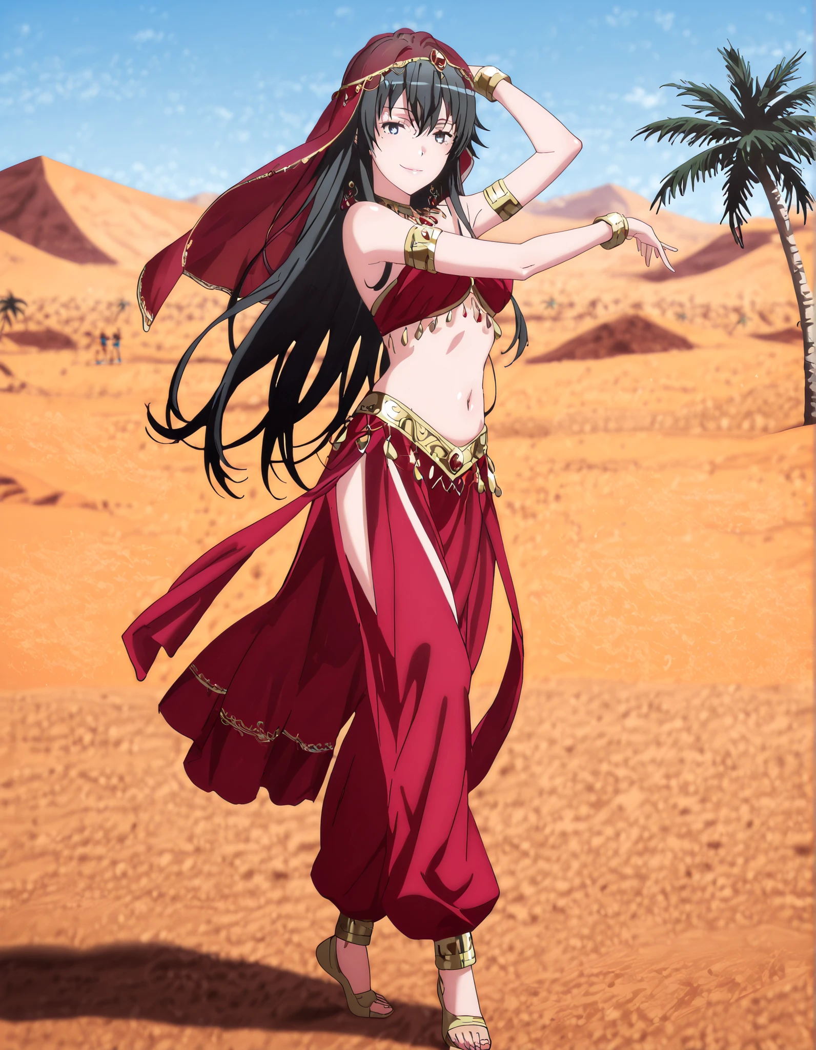(1girl:1 . 5) , (Seul:1 . 5) , score_9 , score_8_haut , score_7_haut , source_anime , Official work , ultra-detailed , masterpiece , better quality , high resolution , beaux yeux , detailed eyes , Detailed face , beautiful detailed eyes black hair, blue eyes, long hair,My Teen Romantic Comedy SNAFU,Yukino Yukinoshita,Arabian Clothes , Arabian Dancer Outfit ,belly dancer costume,belly dancer outfit ,full body,golden jewelery,armlet, belly dancing,desert lands,palm tree,seductive smile, dancing with veil, dynamic movement,dance posture, seductive pose
