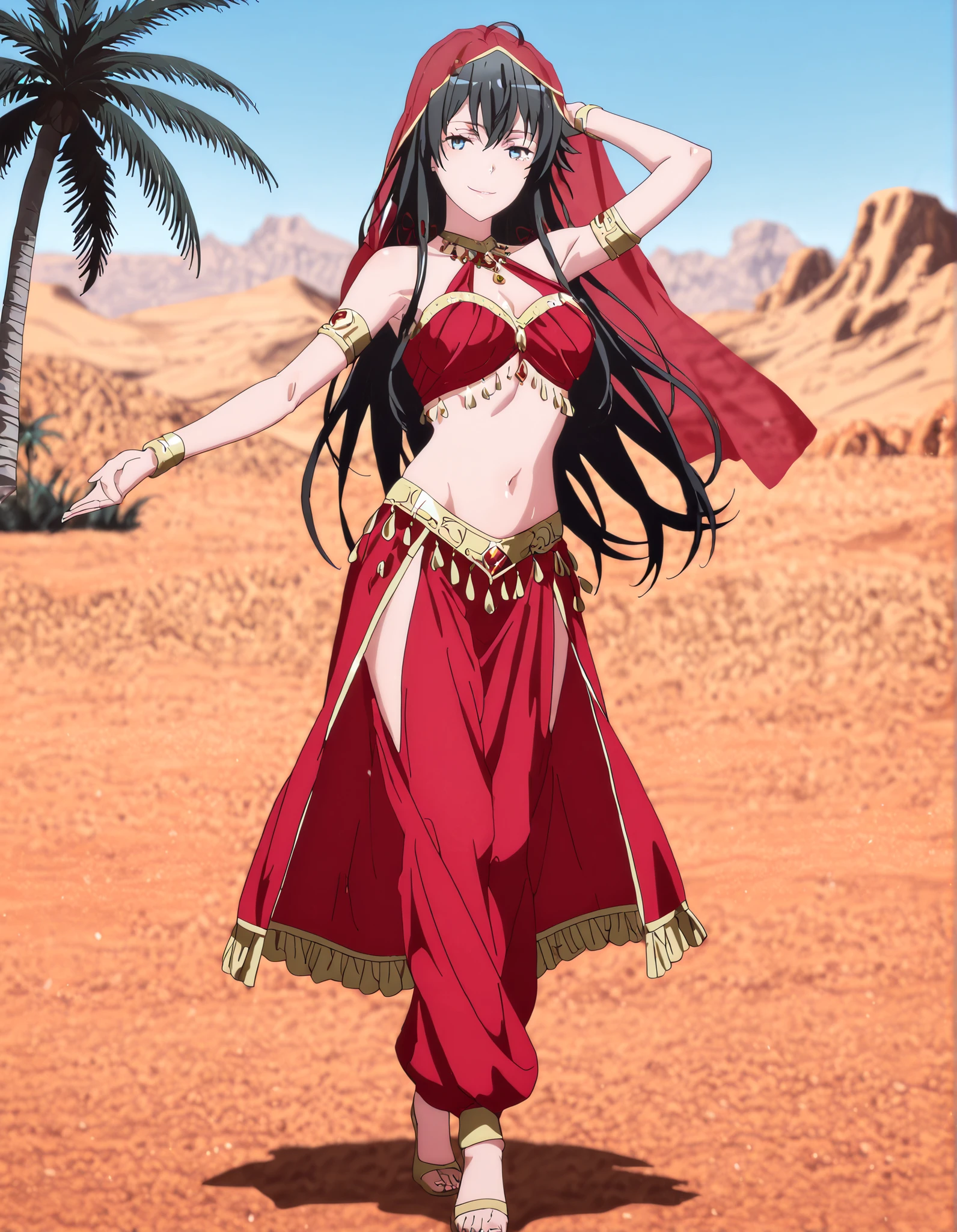 (1girl:1 . 5) , (Seul:1 . 5) , score_9 , score_8_haut , score_7_haut , source_anime , Official work , ultra-detailed , masterpiece , better quality , high resolution , beaux yeux , detailed eyes , Detailed face , beautiful detailed eyes black hair, blue eyes, long hair,My Teen Romantic Comedy SNAFU,Yukino Yukinoshita,Arabian Clothes , Arabian Dancer Outfit ,belly dancer costume,belly dancer outfit ,full body,golden jewelery,armlet, belly dancing,desert lands,palm tree,seductive smile, dancing with veil, dynamic movement,dance posture, seductive pose