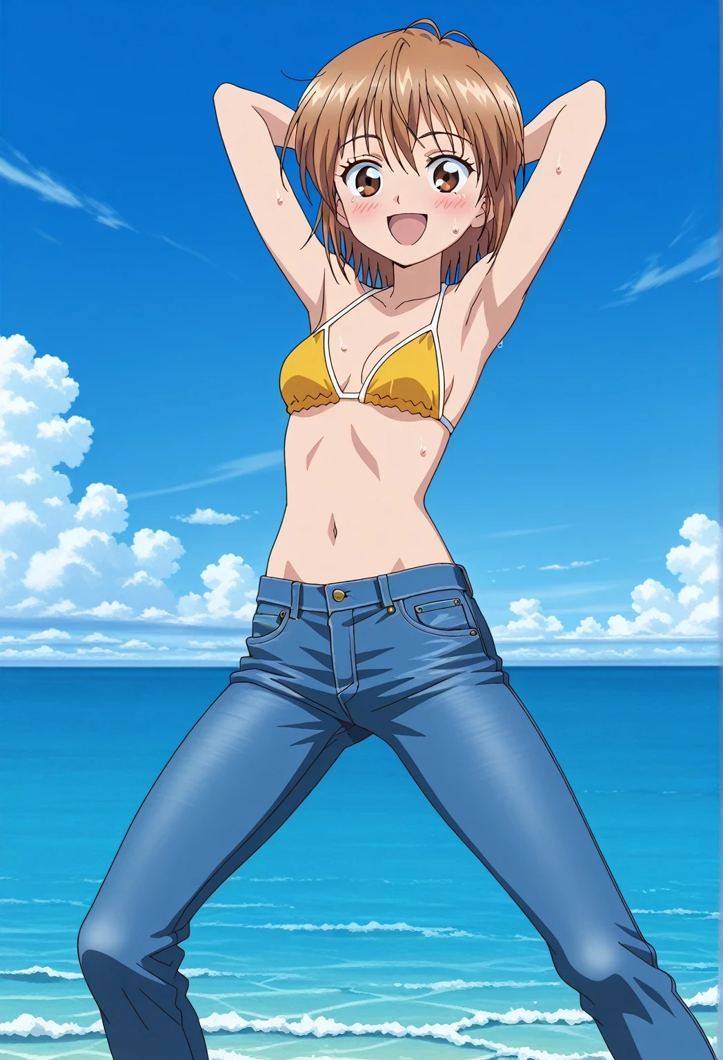 score_9, score_8_up, score_7_up, source_anime, highres, hi res, ((best quality, top quality, perfect quality, Highest Quality, amazing quality)), {{masterpiece}}, {{an extremely delicate and beautiful}}, 2d, intricate details, official style, anime, 8k, anime style, official_anime, official art, digital painting, cell shading, soft shading, high resolution, soothing tones, Subdued Color, Soft cinematic light, adobe lightroom, photolab, HDR, intricately and hyper-detailed, ((high quality animation)), 1 girl, Alone, solo, ((ocean)), tsunami, on the water, day, sunny, outdoors, sky, windy, nagisa misumi, short hair, brown hair, brown eyes, anime screencap, small breasts, yellow bikini top, best quality, hyper-detailed jeans, ((blue jeans:1.9)), (dark blue jeans:0.6), full medium body, medium shot, Open mouth, smiling, happy face, blush, sweat, standing, ((arms behind head:6.0)), bowlegged, jumping pose, action, looking at viewer, spread legs, Bend knees slightly, straight-on front view