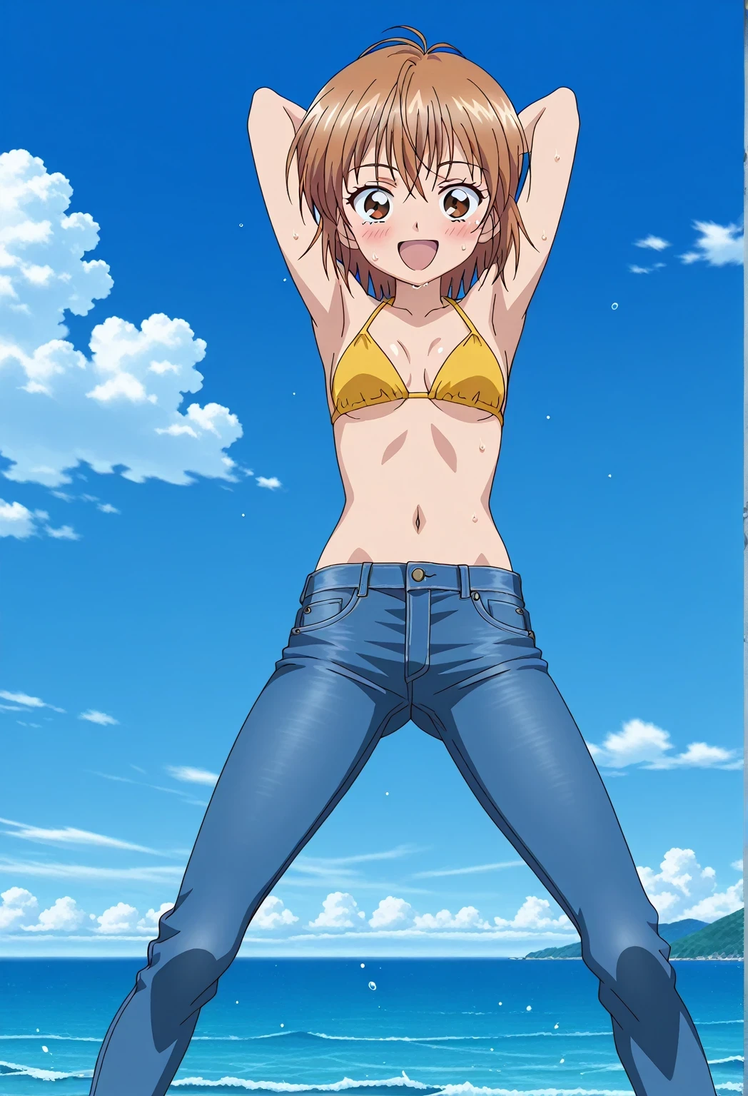 score_9, score_8_up, score_7_up, source_anime, highres, hi res, ((best quality, top quality, perfect quality, Highest Quality, amazing quality)), {{masterpiece}}, {{an extremely delicate and beautiful}}, 2d, intricate details, official style, anime, 8k, anime style, official_anime, official art, digital painting, cell shading, soft shading, high resolution, soothing tones, Subdued Color, Soft cinematic light, adobe lightroom, photolab, HDR, intricately and hyper-detailed, ((high quality animation)), 1 girl, Alone, solo, ((ocean)), tsunami, on the water, day, sunny, outdoors, sky, windy, nagisa misumi, short hair, brown hair, brown eyes, anime screencap, small breasts, yellow bikini top, best quality, hyper-detailed jeans, ((blue jeans:1.9)), (dark blue jeans:0.6), full medium body, medium shot, Open mouth, smiling, happy face, blush, sweat, standing, ((arms behind head:6.0)), bowlegged, jumping pose, action, looking at viewer, spread legs, Bend knees slightly, straight-on front view