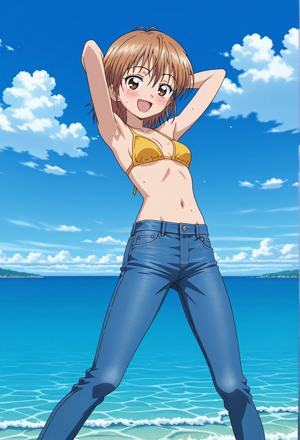 score_9, score_8_up, score_7_up, source_anime, highres, hi res, ((best quality, top quality, perfect quality, Highest Quality, amazing quality)), {{masterpiece}}, {{an extremely delicate and beautiful}}, 2d, intricate details, official style, anime, 8k, anime style, official_anime, official art, digital painting, cell shading, soft shading, high resolution, soothing tones, Subdued Color, Soft cinematic light, adobe lightroom, photolab, HDR, intricately and hyper-detailed, ((high quality animation)), 1 girl, Alone, solo, ((ocean)), tsunami, on the water, day, sunny, outdoors, sky, windy, nagisa misumi, short hair, brown hair, brown eyes, anime screencap, small breasts, yellow bikini top, best quality, hyper-detailed jeans, ((blue jeans:1.9)), (dark blue jeans:0.6), full medium body, medium shot, Open mouth, smiling, happy face, blush, sweat, standing, ((arms behind head:6.0)), bowlegged, jumping pose, action, looking at viewer, spread legs, Bend knees slightly, straight-on front view