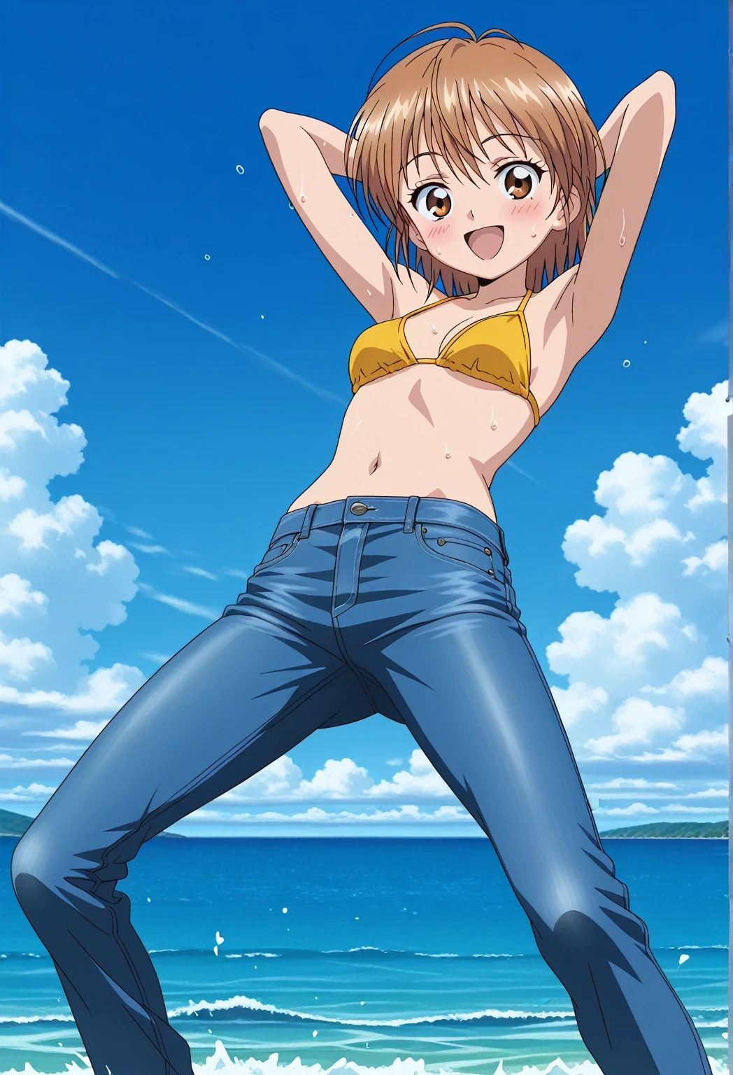 score_9, score_8_up, score_7_up, source_anime, highres, hi res, ((best quality, top quality, perfect quality, Highest Quality, amazing quality)), {{masterpiece}}, {{an extremely delicate and beautiful}}, 2d, intricate details, official style, anime, 8k, anime style, official_anime, official art, digital painting, cell shading, soft shading, high resolution, soothing tones, Subdued Color, Soft cinematic light, adobe lightroom, photolab, HDR, intricately and hyper-detailed, ((high quality animation)), 1 girl, Alone, solo, ((ocean)), tsunami, on the water, day, sunny, outdoors, sky, windy, nagisa misumi, short hair, brown hair, brown eyes, anime screencap, small breasts, yellow bikini top, best quality, hyper-detailed jeans, ((blue jeans:1.9)), (dark blue jeans:0.6), full medium body, medium shot, Open mouth, smiling, happy face, blush, sweat, standing, ((arms behind head:6.0)), bowlegged, jumping pose, action, looking at viewer, spread legs, Bend knees slightly, straight-on front view