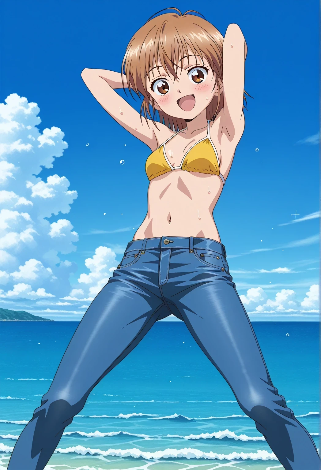 score_9, score_8_up, score_7_up, source_anime, highres, hi res, ((best quality, top quality, perfect quality, Highest Quality, amazing quality)), {{masterpiece}}, {{an extremely delicate and beautiful}}, 2d, intricate details, official style, anime, 8k, anime style, official_anime, official art, digital painting, cell shading, soft shading, high resolution, soothing tones, Subdued Color, Soft cinematic light, adobe lightroom, photolab, HDR, intricately and hyper-detailed, ((high quality animation)), 1 girl, Alone, solo, ((ocean)), tsunami, on the water, day, sunny, outdoors, sky, windy, nagisa misumi, short hair, brown hair, brown eyes, anime screencap, small breasts, yellow bikini top, best quality, hyper-detailed jeans, ((blue jeans:1.9)), (dark blue jeans:0.6), full medium body, medium shot, Open mouth, smiling, happy face, blush, sweat, standing, ((arms behind head:6.0)), bowlegged, jumping pose, action, looking at viewer, spread legs, Bend knees slightly, straight-on front view