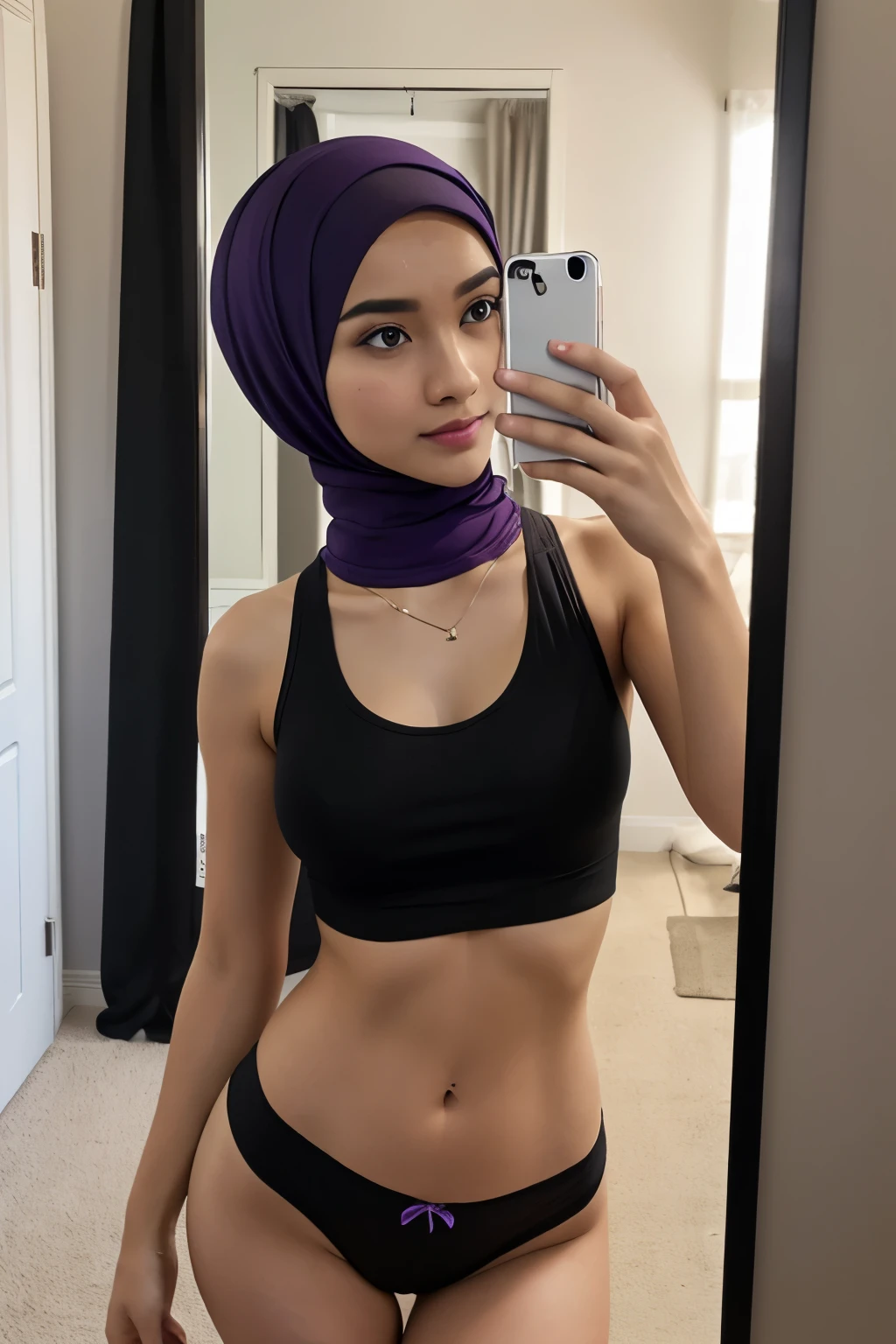 masterpiece, highest quality, 8k resolution, stunning Malay girl in hijab, (mirror selfie with white iphone mobile:1.2), wearing (black tank top:1.2) with (purple low waisted panties:1.2), small breast, flawless radiant skin textures, Ultra-detailed, bedroom setting with backlight at the background, soft shadow, rule of third composition, confident expression, (photorealistic:1.3)
