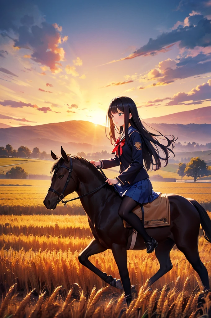 Japanese high school girl riding a horse, wearing white summer socks