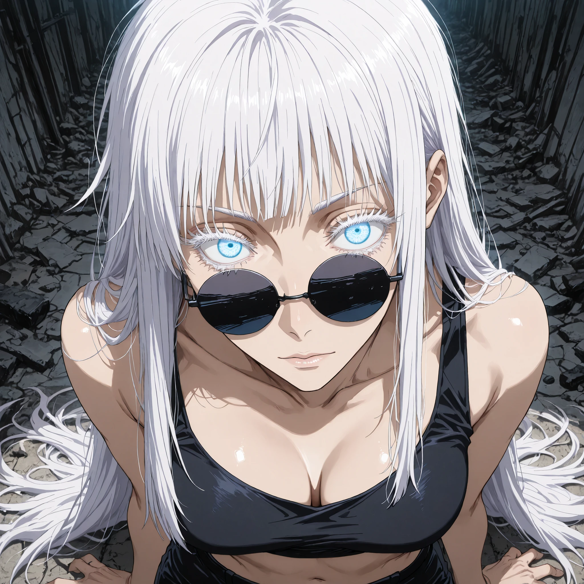 gojou satoru, white hair, blue eyes, colored eyelashes, sunglasses,score_9, score_8_up, score_8, best quality,masterpiece,4k,anime_source, gojo satoru, genderswap \(mtf\), very long hair, long white hair, glowy eyes, white eyelashes, stunning color, (white eyelashes:1.5), female focus, BREAK, 1girl, mature, looking at the viewer, perfect composition, BREAK, perfect face, perfect body,(masterpiece), (best quality), (ultra-detailed),very detailed, high detailed texture, 8k, mappa studio screencap, jujutsu kaisen art style, wearing a black crop top, black round sunglasses, blunt straight across bangs, bratty