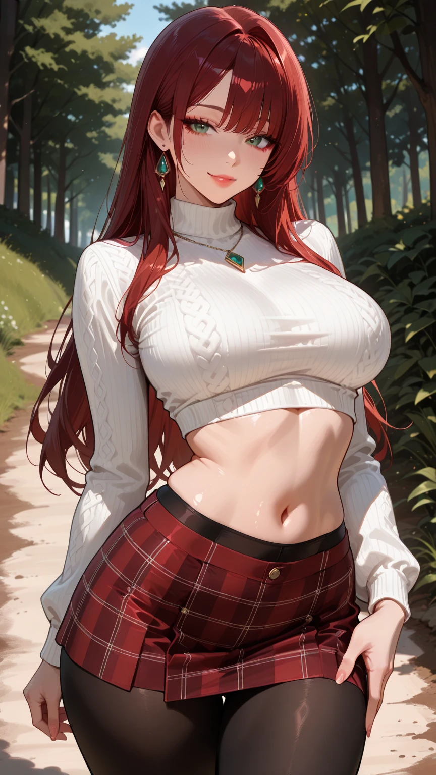 1girl, perfect female form, perfect face, thick lips, glossy lips, cowboy shot, huge pelvic, accentuated ??????, lipstick, (slim:1.8), skinny waist, (narrow waist:1.4), curvy waist, wide hip, (masterpiece, best quality, realistic, hyperrealistic), sharp focus, good ???????, (ultra detailed, ultra resolution, detailed face), WINTER FOREST, SNOW, RED HAIR, PURPLE EYES, (BLACK EYESHADOW:1.2), (HUGE THIGHS:1.6), ????????????, SEE-THROUGH, (black blouse, strapless blouse), (delicate corset, garter belt), (black skirt, pleated skirt), zettai ryouiki
