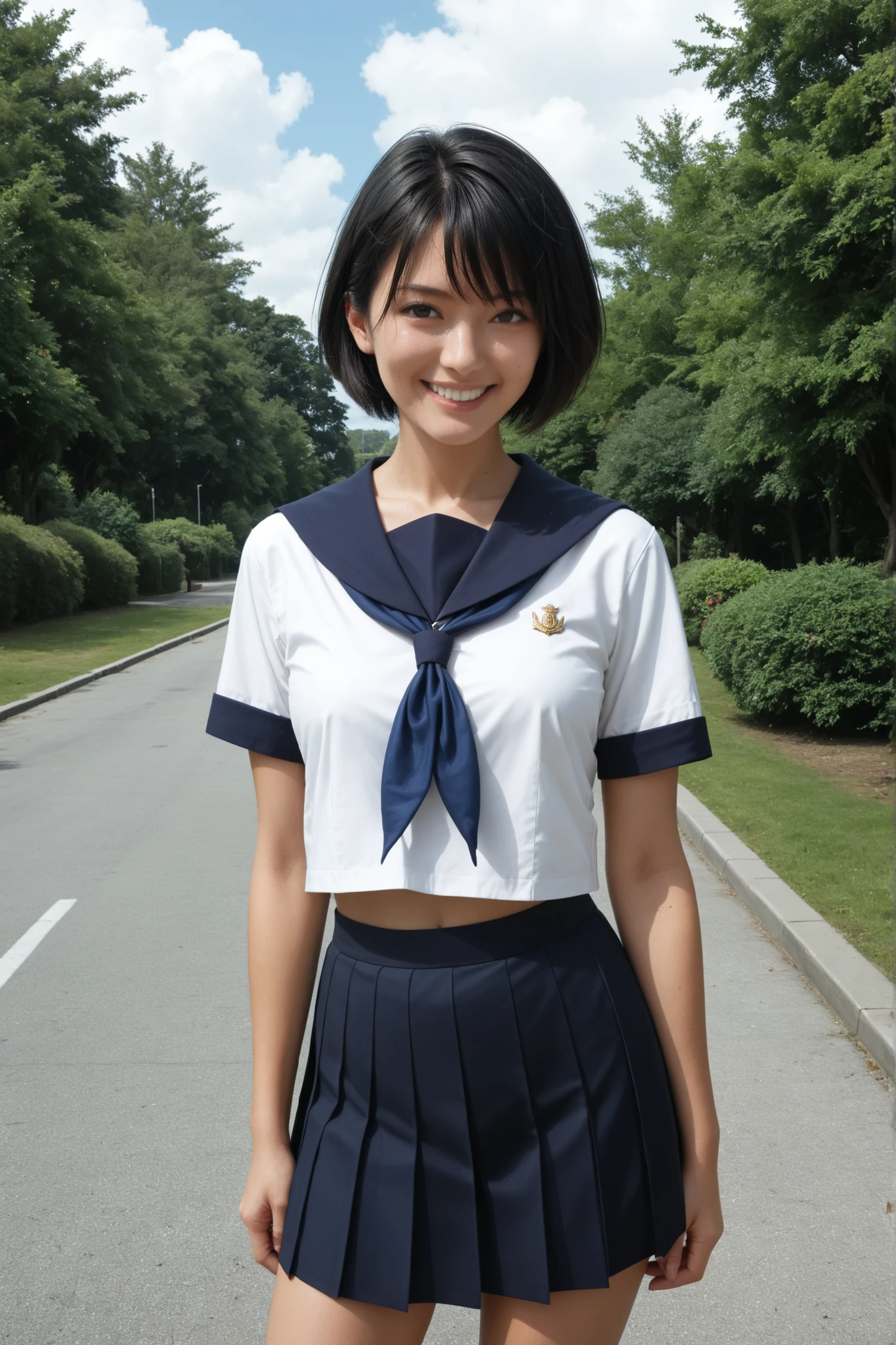 masterpiece,top quality,very beautiful,detailed skin texture, subsurface scattering,healthy glow, natural light, skin pores, high quality, film grain
((solo)),
1girl,Jap_B0ysh\(female,Teenager,japanese,black hair,black eye,short hair\)
Sailor uniform. School uniform.
looking at viewer,standing,outdoors,smile