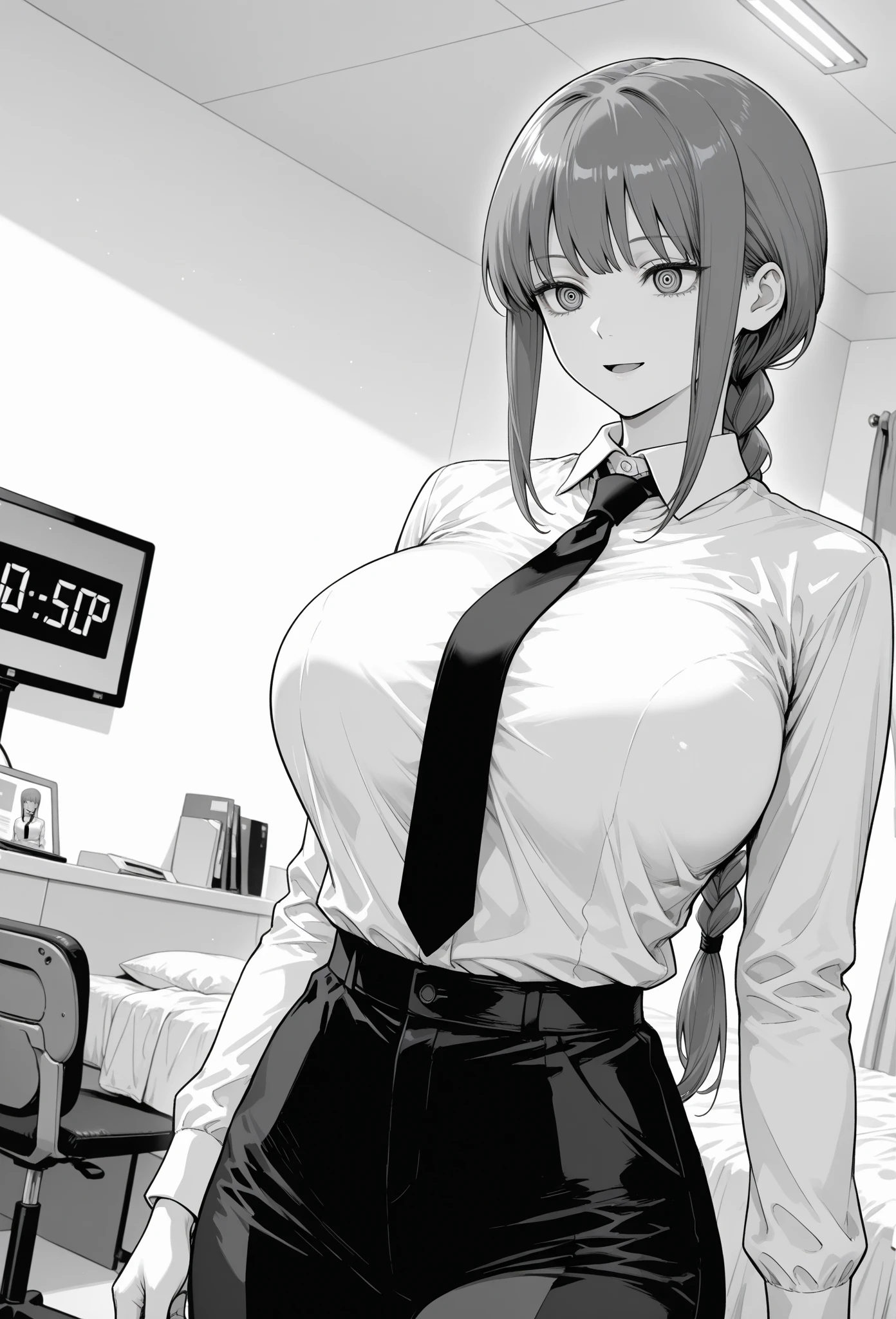 、(masterpiece、Highest quality)、Highest quality, Ultra-high resolution, (((masterpiece))), alone, Sweat、Big eyes,office、Tight white dress shirt、Tight black suit、Tight black pants、indoor、Composition from the front、（Cut the back hair short、short hair、blonde、woman）、Shortcuts、Embarrassed face、Cut your hair short、可愛いwomanの子、Big Breasts、Face to face、Composition from the front、View your viewers