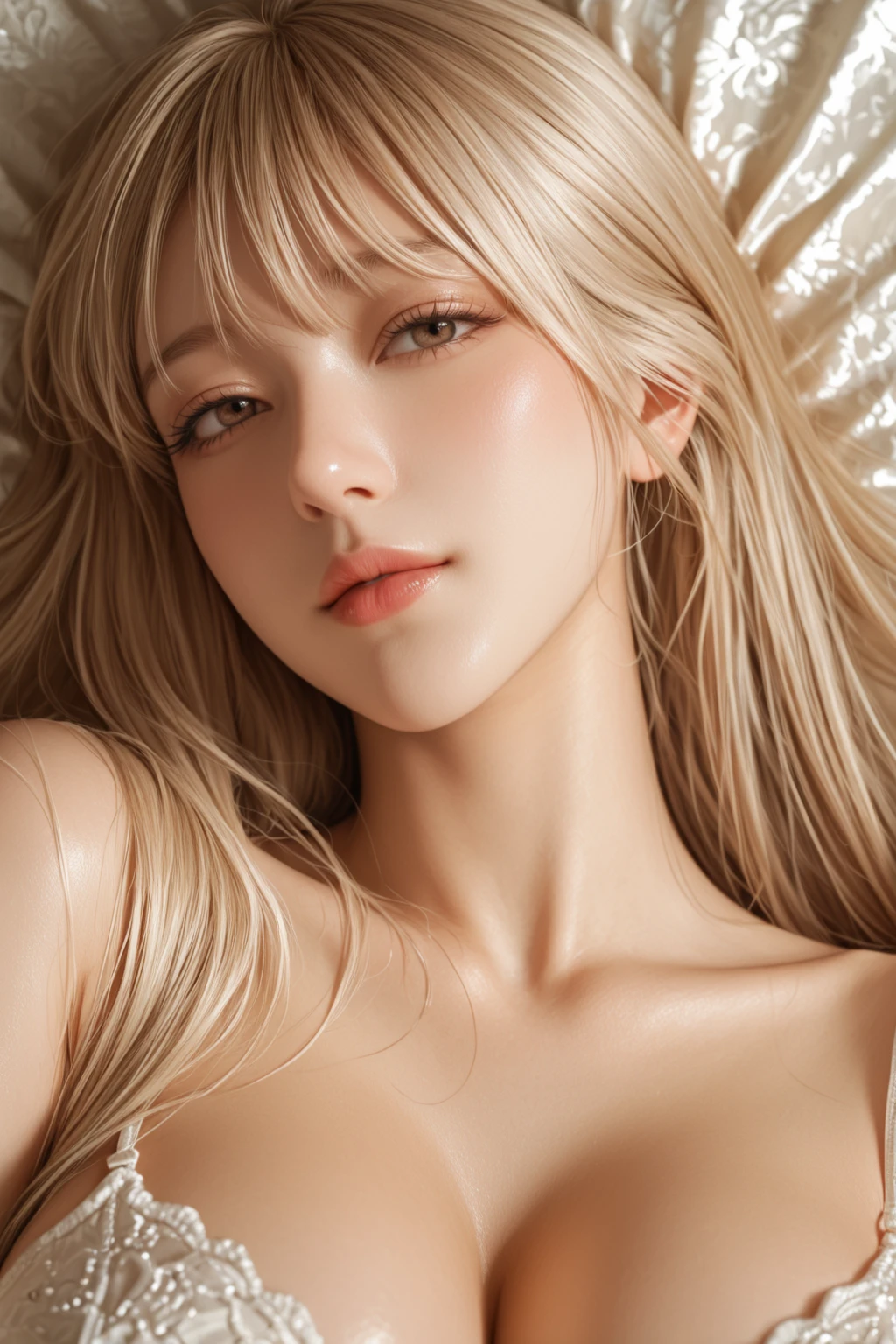 ((Top Quality, 8k, Masterpiece: 1.3)), solo, 1 girl, ????,  Beautiful girl with accentuated slender abs: 1.4, (Random hairstyle, flat ???????: 1.2),  Ultra detailed face, detailed eyes, double eyelids, Selfie, (body builder:0.8),(beautiful small hard ??????:1.4),(white microbikini without bra-pad),(???????????:1.2),on the gold bed,(shiny skin:1.2),(muscle arm:1.3),(muscle leg:1.3),(lie down:0.8),(blonde hair:1.0),necklace,(earrings:1.3),(curly long hair:1.15)