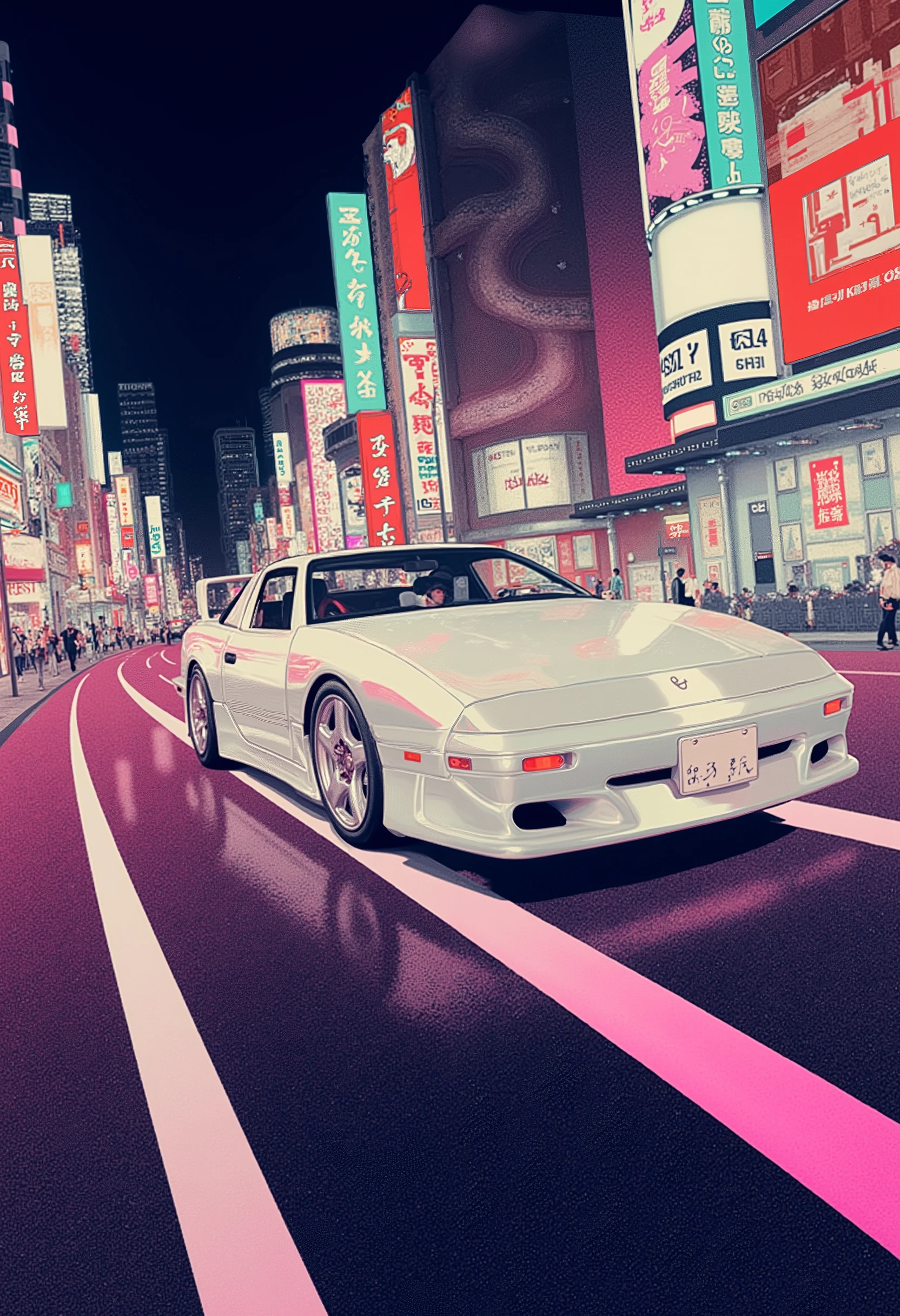 white car, running down city road, japanese city pop 80s style