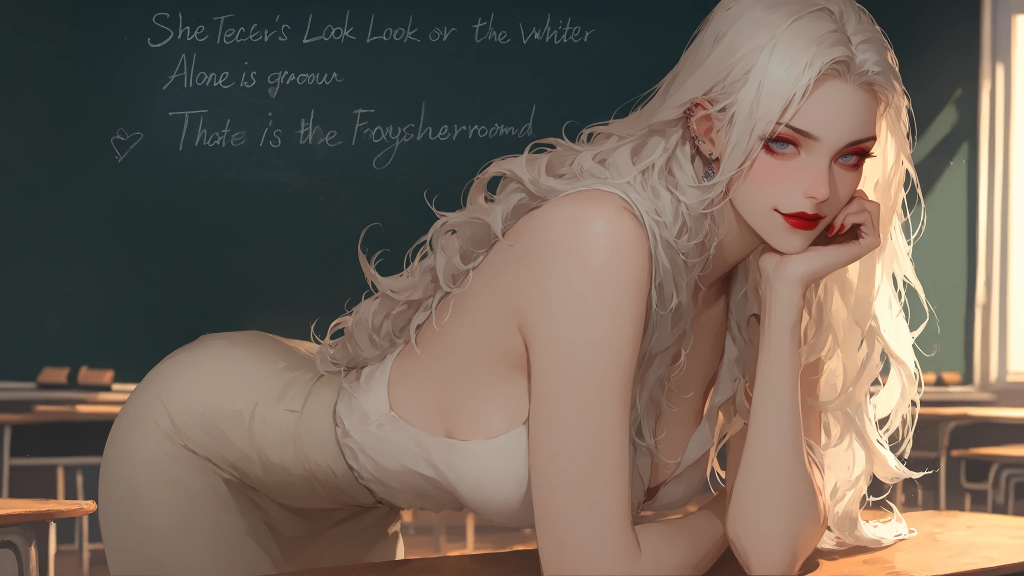 {{masterpiece}}, {{high detail}}, one woman, solo, alone. 25 years old. Snow-white, long, flowing hair. Piercing blue eyes, a stern look, a serious face, slight strict smile. Red lipstick. She is dressed black tight mickro skirt and white and a white sleeveless shirt.. Standing in the classroom near the blackboard, the teacher. She is explaining the topic. Front views. Looking at the viewer.