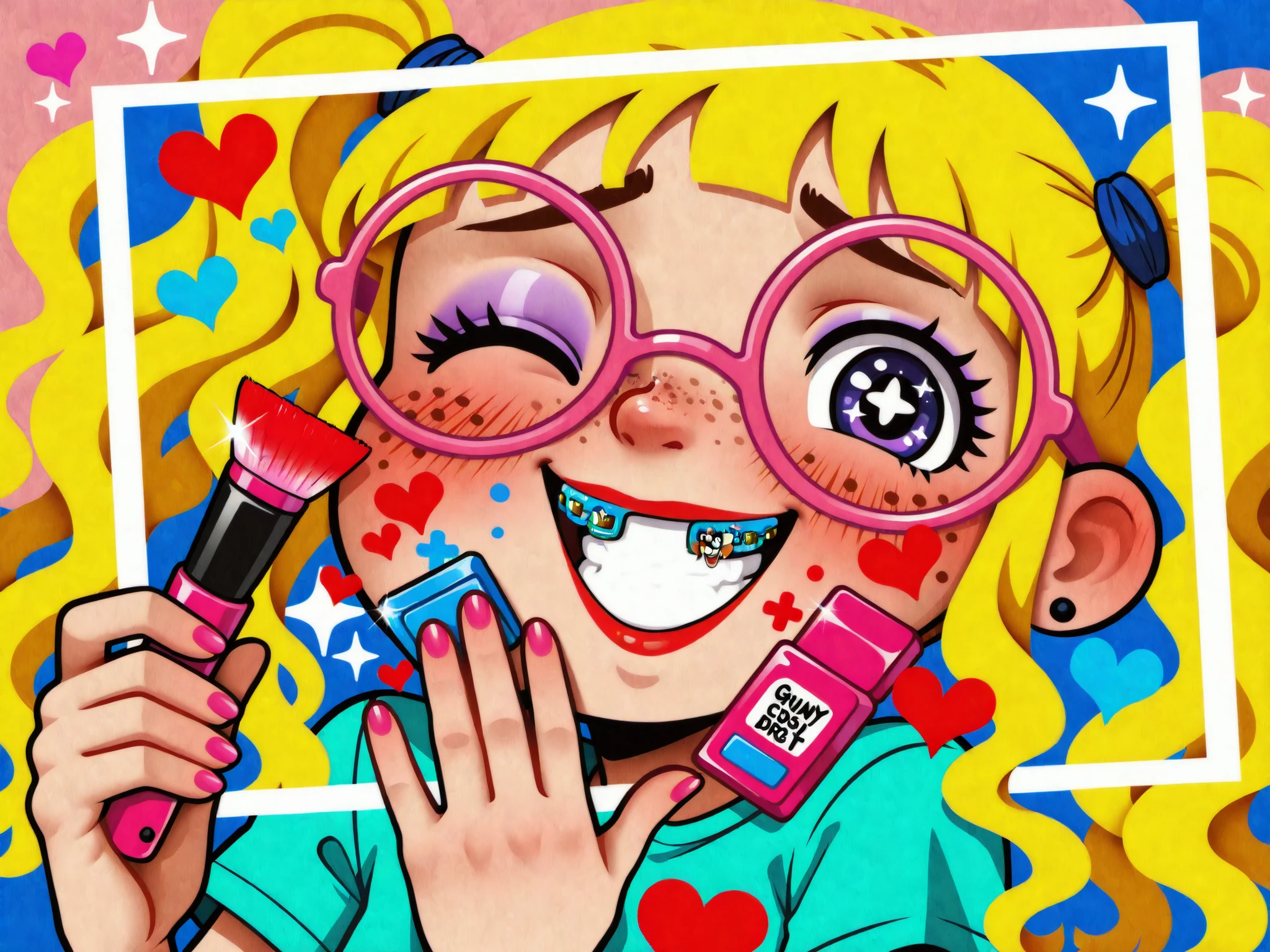 cartoon girl, braces, acne, pimples, freckles, large glasses, round glasses, shiny teeth, big smile, cartoon eyes, sparkling eyes, purple eyes, blue eyes, blonde hair, curly hair, wavy hair, long hair, yellow hair, blushing cheeks, happy expression, excited face, cartoon style, exaggerated features, holding photo, photo in hand, picture of boy, handsome boy, smiling boy, brown hair boy, short hair boy, cartoon boy, bright eyes, white teeth, teal shirt, male portrait, female character, teen girl, teenage girl, awkward smile, nerdy girl, geeky look, exaggerated proportions, big head, cartoonish style, oversized glasses, thick frames, braces smile, romantic theme, cartoon romance, love symbol, red heart, floating heart, admiration, crush, daydreaming, shy girl, hand on face, dreamy expression, sparkling background, colorful art, digital art, vector style, character design, mobile game art, app icon style, comic style, vibrant colors, high contrast, playful aesthetic, youth theme, teenage romance, girly theme, feminine character, goofy expression, self-conscious girl, nerd stereotype, romantic admiration, photo holding, character focus, cute cartoon, exaggerated smile, quirky style, blushing girl, cartoonish acne, acne detail, beauty braces, shiny braces, funny character, humor art, comical design, animated look, stylized character, romance cartoon, colorful hair, big round eyes, wide grin, school romance theme, shy teenager, hand on cheek, boy photo, cartoon crush, makeup brush, lipstick, cosmetic tools, beauty theme, dirty face, makeup smudge, pink glasses, one eye closed, winking expression, playful smile, cartoon makeup, applying lipstick, exaggerated lips, acne spot, cartoon makeover, girly makeup, playful character, messy makeup, beauty parody, stylized makeup, exaggerated cosmetics, cosmetic brush, cartoon lipstick, glowing braces, silly face, humorous art, funny makeover, shaving razor, facial hair removal, pigtails, blonde pigtails, green hair ties, piercings, pink earrings, big earrings, black glasses, oversized mouth, red lipstick, beauty tools, cartoon razor, shaving tool, humorous design, playful makeover,darken-brown-blonde hair, (bowl cut headed hair), (wavy) hair, 1boy(unibrow, monobrow), small malebody, random face, cute underwear, his hairy huge balls sticking out, chibi, weird-art