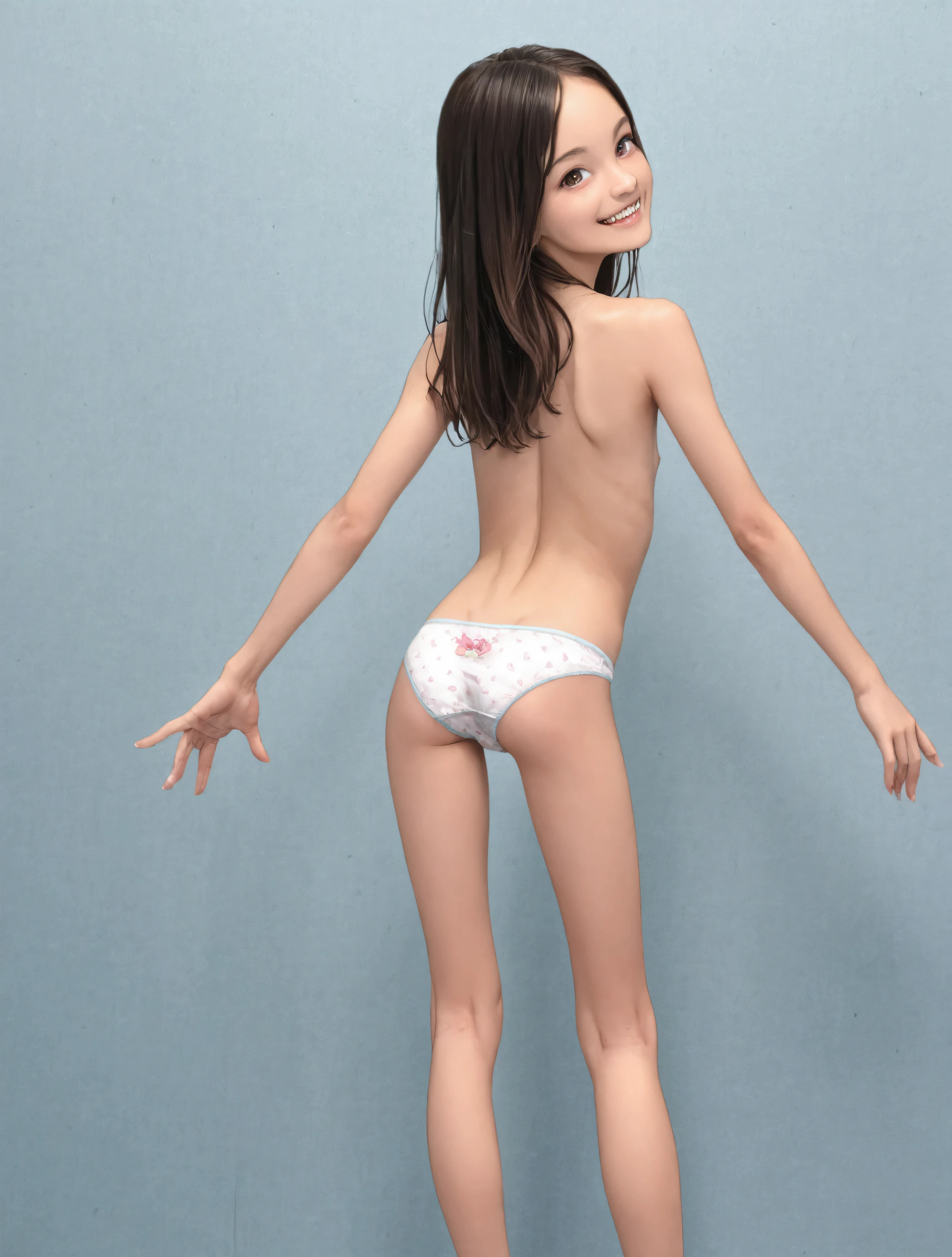 ショーツを着たyounger女の子が足を広げてポーズをとり、 Smiling at the viewer, from behind,(skinny:0.7),(younger:1.5),(one girl:1.5)