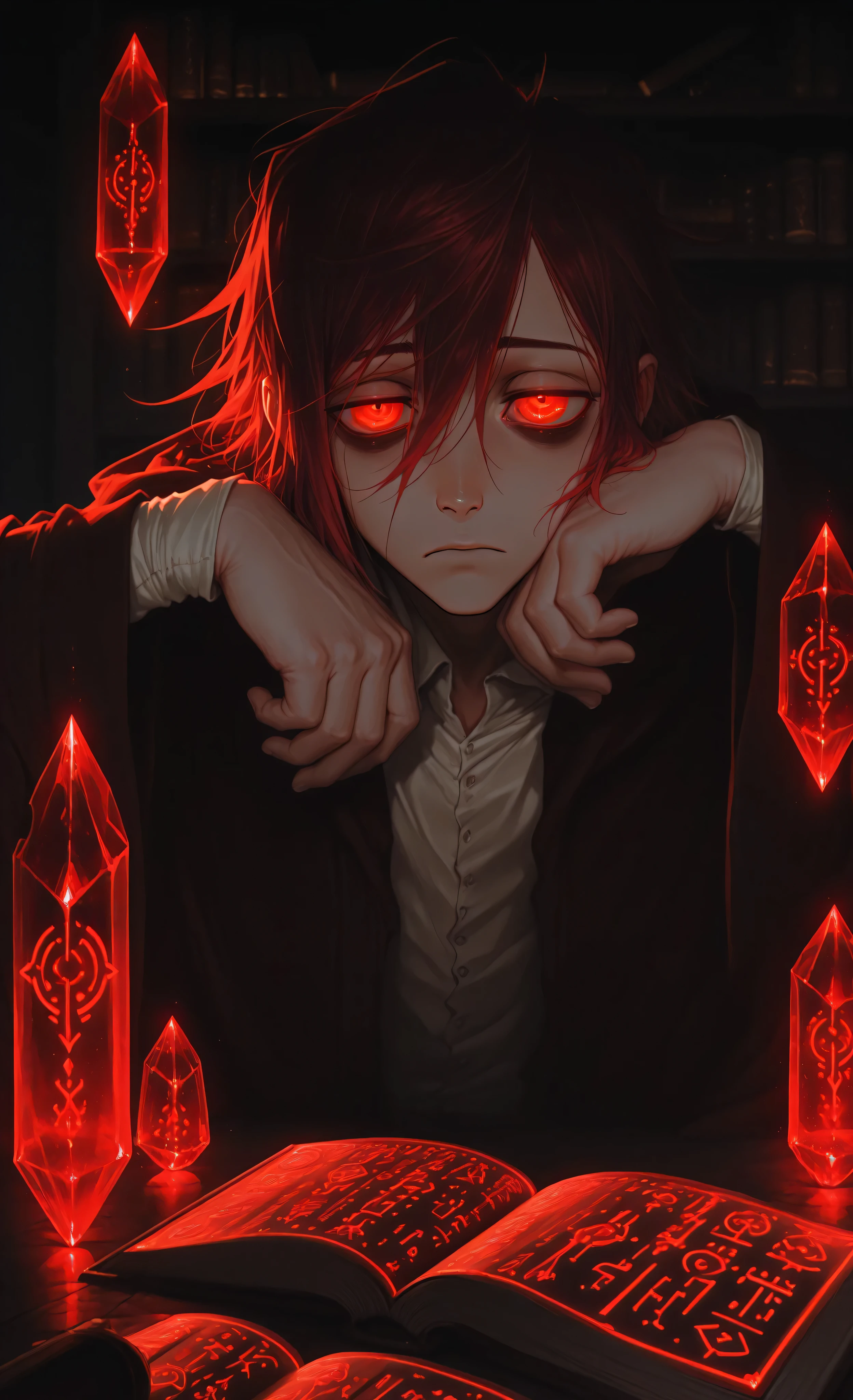 (moody lighting, dramatic shadows, bloom lighting, colored shadows, Ink Style, best quality, soft lines, clear details, masterpiece:1.3, 8k:1.3, Highest quality:1.3, detail:1.3, high resolution:1.3, digital painting, super detail, 1male, solo),
(somber atmosphere, arcane aesthetic, wizardcore),
1 male mage, late 20s, (tired crimson eyes:1.5), dark circles under eyes, (wizard robes with arcane symbols:1.3), sitting at a dusty desk in a magical study, (floating spellbooks:1.2), (crystal orbs on shelves:1.2), (infinite scroll of human wishes with glowing runes unraveling around him:1.4). He looks at his own reflection in a magically suspended teardrop. (close-up on face and eyes), soft melancholic lighting, (wisdom and power in his expression:1.3).