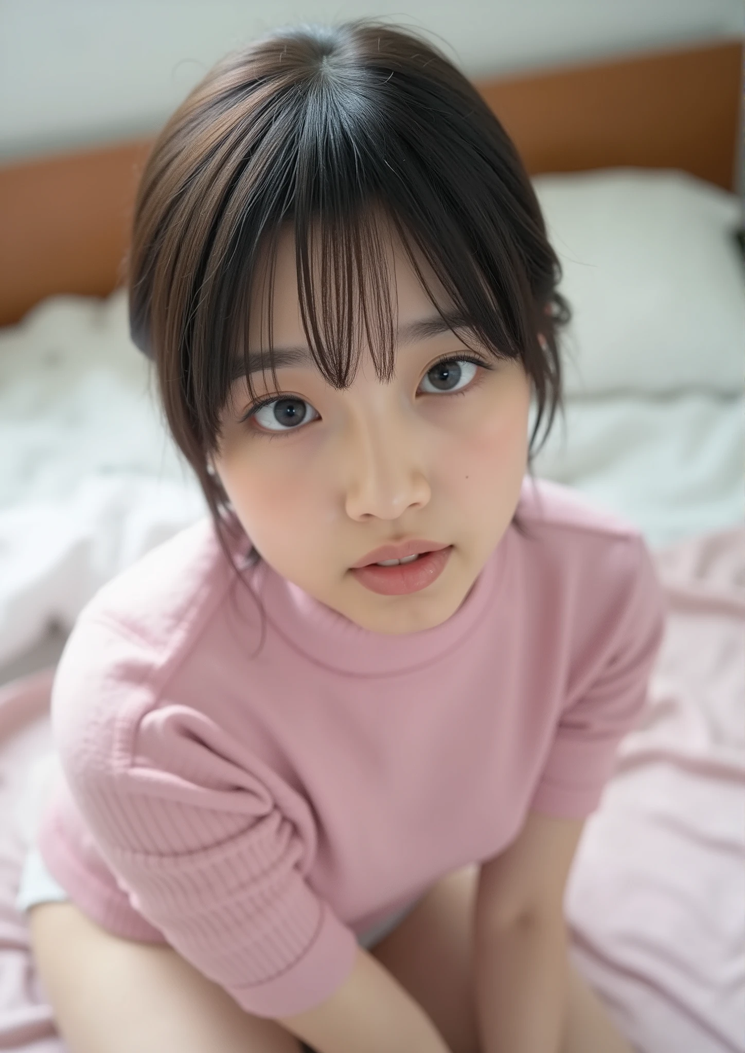 最High Quality Wavy Linesの女の子、selfie、 Staring at Viewers、 Split Sheet、  Room、 from above、 turtleneck sweater and skirt、 thin body、 sit on bed, cover , A woman with a small bust、high school students、dark haired、ponytail from Yubi's point of view、Japanese、wearing a pink baggy t-shirt clear、bangs、high resolution、No censorship、HDR、超high resolution、Photorealistic、Focus on details、Delicate skin、High Quality Wavy Lines