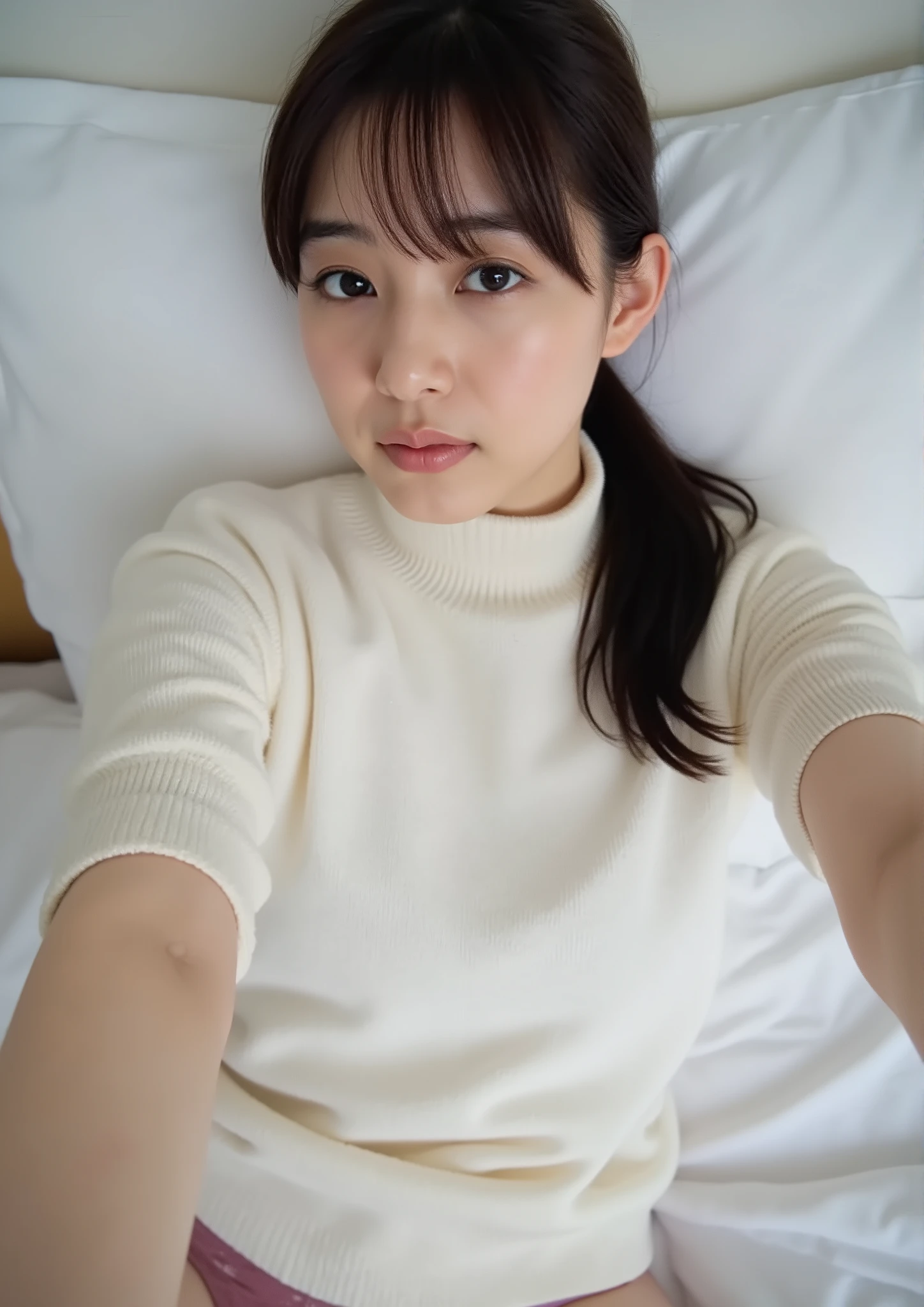 最High Quality Wavy Linesの女の子、selfie、 Staring at Viewers、 Split Sheet、 Room、 from above、 turtleneck sweater and panties、 thin body、 sit on bed, cover , A woman with a big bust、dark haired、ponytail from Yubi's point of view、Japanese、wearing baggy t-shirt clear、bangs、high resolution、No censorship、HDR、超high resolution、Photorealistic、Focus on details、Delicate skin、High Quality Wavy Lines