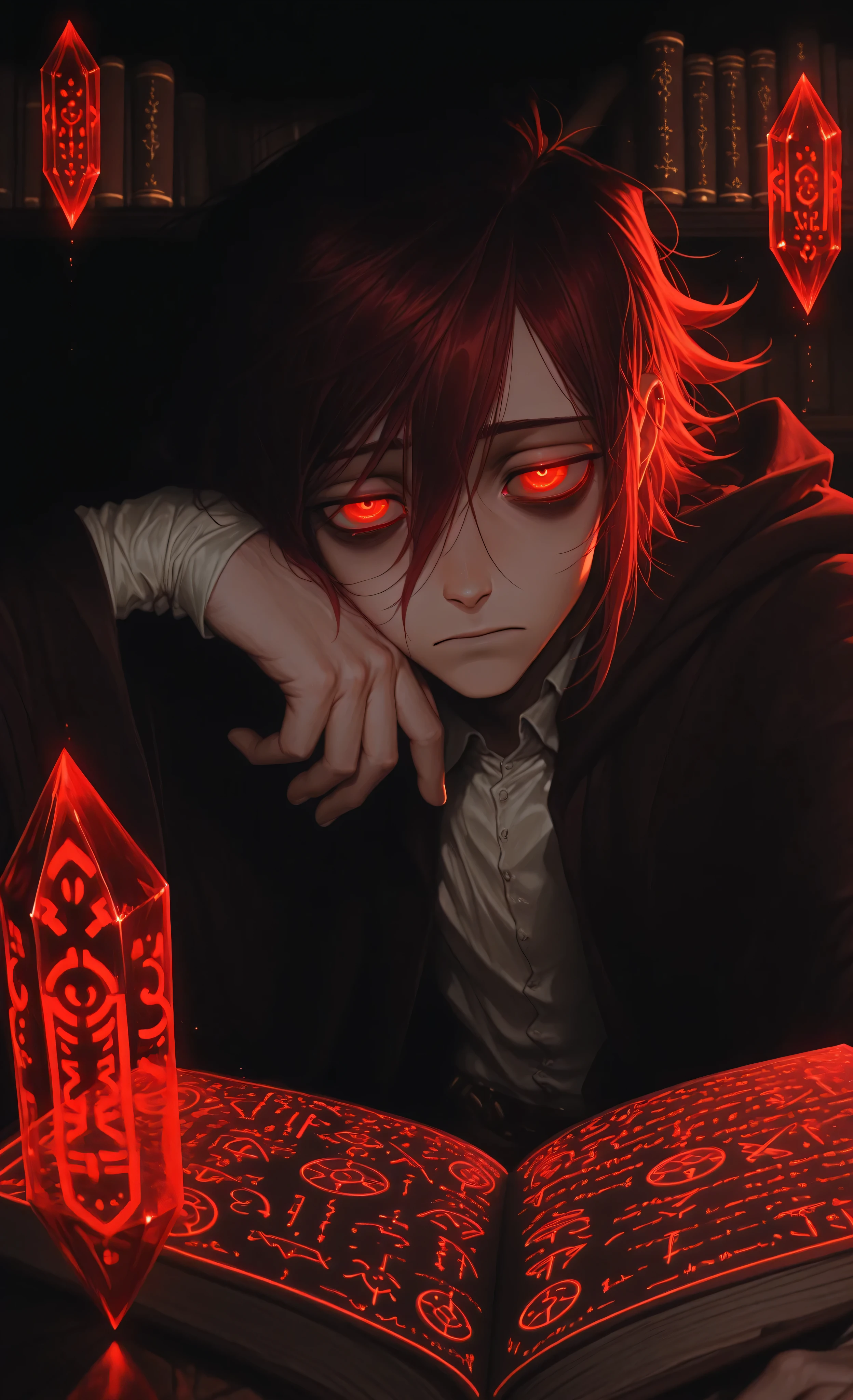 (moody lighting, dramatic shadows, bloom lighting, colored shadows, Ink Style, best quality, soft lines, clear details, masterpiece:1.3, 8k:1.3, Highest quality:1.3, detail:1.3, high resolution:1.3, digital painting, super detail, 1male, solo),
(somber atmosphere, arcane aesthetic, wizardcore),
1 male mage, late 20s, (tired crimson eyes:1.5), dark circles under eyes, (wizard robes with arcane symbols:1.3), sitting at a dusty desk in a magical study, (floating spellbooks:1.2), (crystal orbs on shelves:1.2), (infinite scroll of human wishes with glowing runes unraveling around him:1.4). He looks at his own reflection in a magically suspended teardrop. (close-up on face and eyes), soft melancholic lighting, (wisdom and power in his expression:1.3).