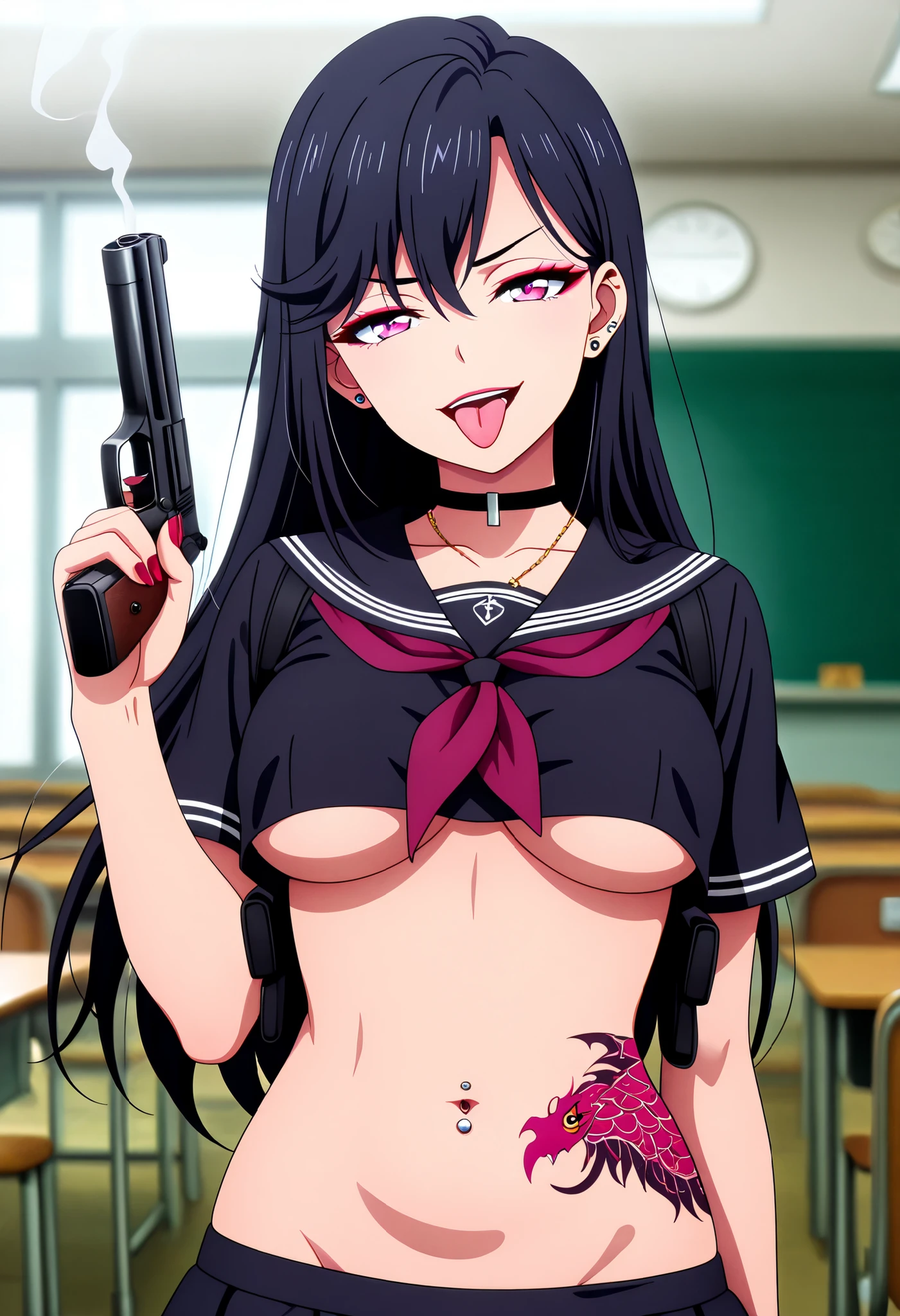 masterpiece, best quality, amazing quality, depth of field,  long hair, black hair, purple eyes,  , nail polish , , makeup , ear piercing , long hair , lipstick , Hot girl , baddie , smoking , sensual , attractive , choker , cross necklace ,,,masterpiece, best quality, highly detailed, a girls in sailor uniforms with a gun posing for a picture, evil smile, smile, open mouth,black_serafuku, () ,  style, high school girls, holding a gun, hold a gun, micro skirt, exposed belly, exposed navel, exposed midriff, holding pistol,underboob, exposed lower belly,school, classroom, navel piercing , shoulder holster,, tongue piercing , tongue out , open mouth , , , waist dragon tattoo, narrowed eyes, tattoo waist, , anime screencap , anime coloring, looking at viewer , v-shaped eyebrows,