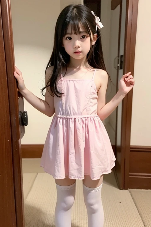 A 13 years old girl, in cute dress, taking selfies, white sleeveless dress, short pants,