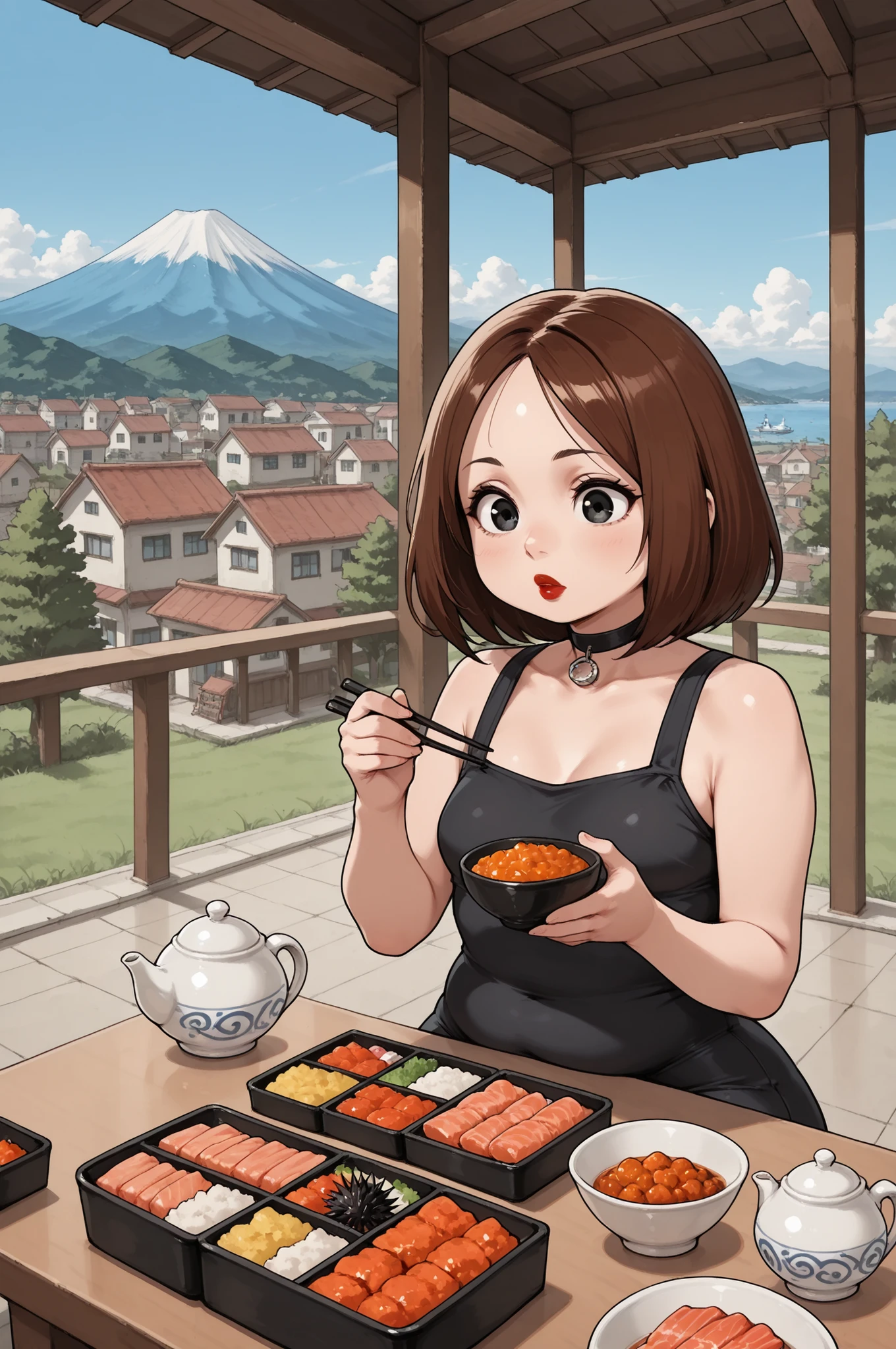 Meg Griffin. brown hair. medium hair . black eyes . small breasts, huge hips . chubby. choker. red lips. | score_9, score_8_up, score_7_up, anime, solo, 1girl, one girl, sensitive, upper body, shinkansen, inside shinkansen, seat, table, scenery, outdoors, sky, day, tree, building, blue sky, grass, cloud, house, mount fuji, factory, chimney, ekiben, food, seafood, shrimp, fish, bowl, bento, vegetable, sea urchin, salmon roe, crab, salmon, scallops, ocha, plastic teapot, holding chopsticks, (masterpiece:1.3), best quality, high resolution, unity 8k wallpaper, (illustration:1.2), 8K, The roof, the roof of the building, sitting on the roof