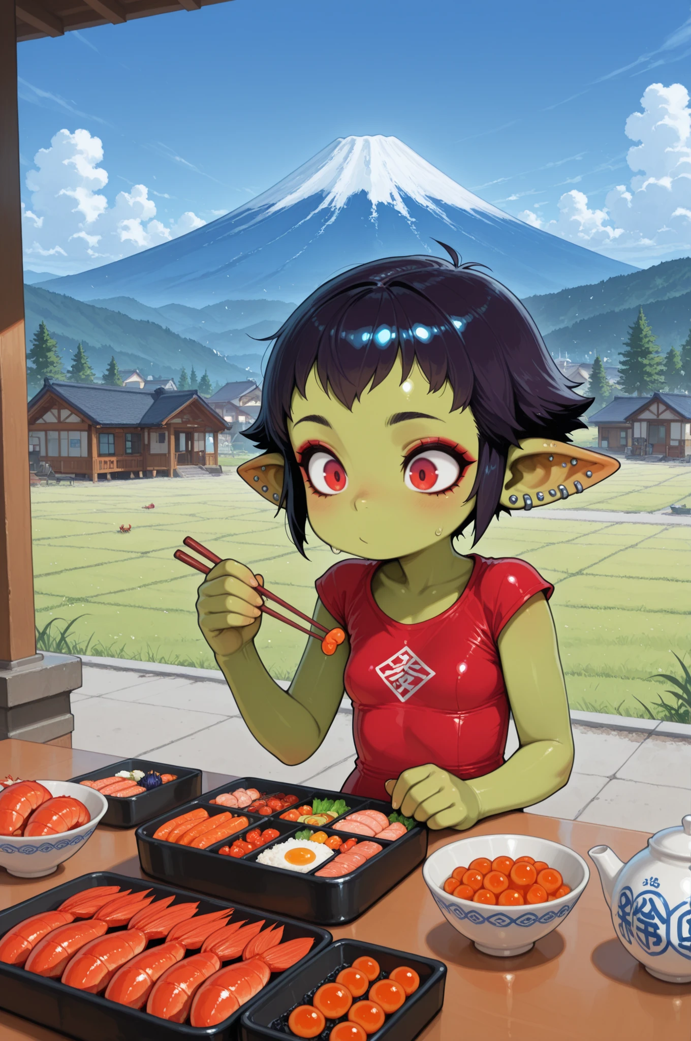 female punk, greasy rainbow very short hair, red eye , facial piercings, eye makeup, flat breasts, meduim hips, (goblin girl:1.0) (shortstack:1.0) (green skin:1.0) score_9, score_8_up, score_7_up, anime, solo, 1girl, one girl, sensitive, upper body,  shinkansen, inside shinkansen, seat, table, scenery, outdoors, sky, day, tree, building, blue sky, grass, cloud, house, mount fuji, factory, chimney, ekiben, food, seafood, shrimp, fish, bowl, bento, vegetable, sea urchin, salmon roe, crab, salmon, scallops, ocha, plastic teapot, holding chopsticks, (masterpiece:1.3), best quality, high resolution, unity 8k wallpaper, (illustration:1.2), 8K, The roof, the roof of the building, sitting on the roof
