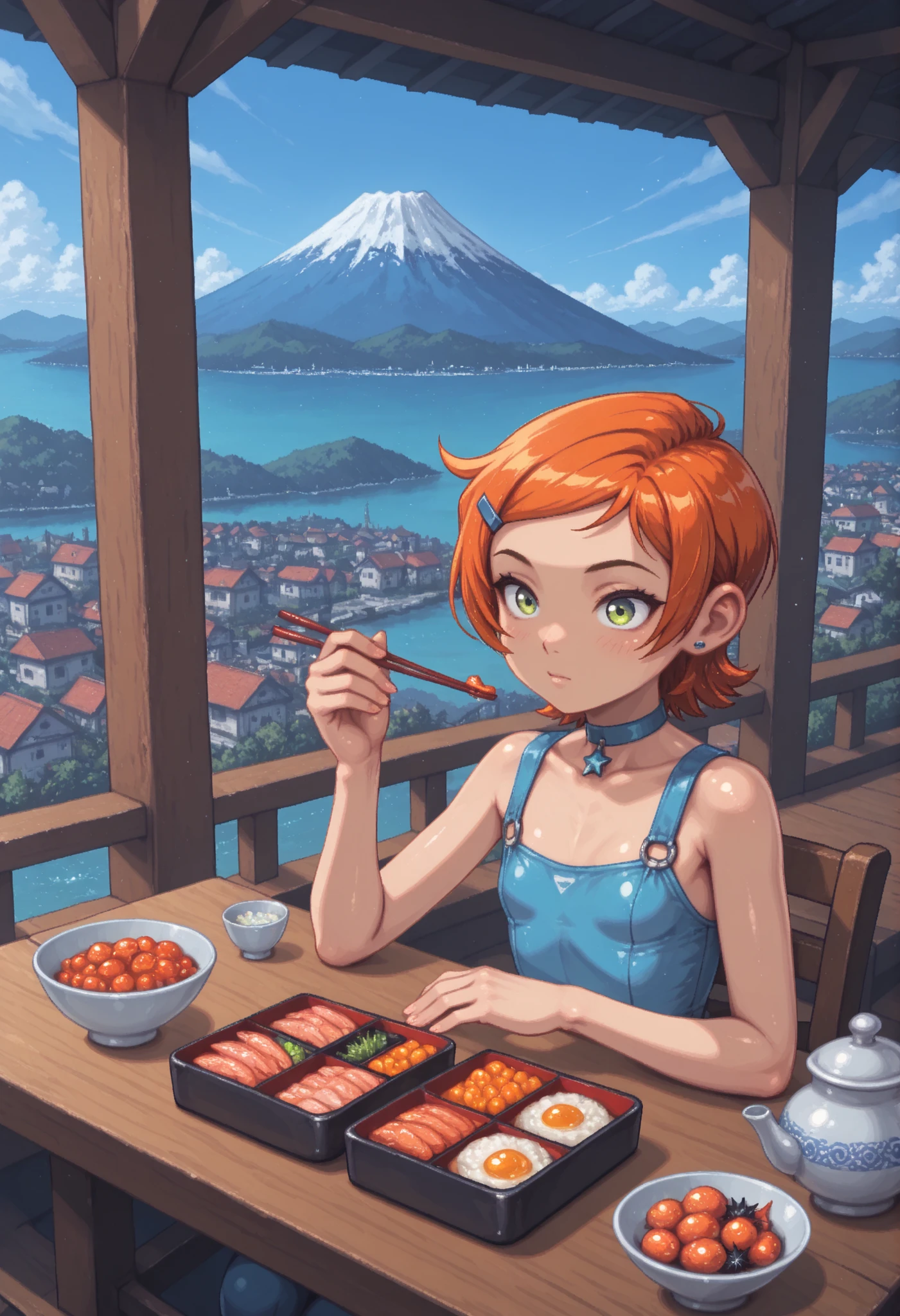 Gwen Tennyson . ginger . short hair . green eyes . flat breasts, flat chest, huge hips . slim body . choker . | score_9, score_8_up, score_7_up, anime, solo, 1girl, one girl, sensitive, upper body, shinkansen, inside shinkansen, seat, table, scenery, outdoors, sky, day, tree, building, blue sky, grass, cloud, house, mount fuji, factory, chimney, ekiben, food, seafood, shrimp, fish, bowl, bento, vegetable, sea urchin, salmon roe, crab, salmon, scallops, ocha, plastic teapot, holding chopsticks, (masterpiece:1.3), best quality, high resolution, unity 8k wallpaper, (illustration:1.2), 8K, The roof, the roof of the building, sitting on the roof