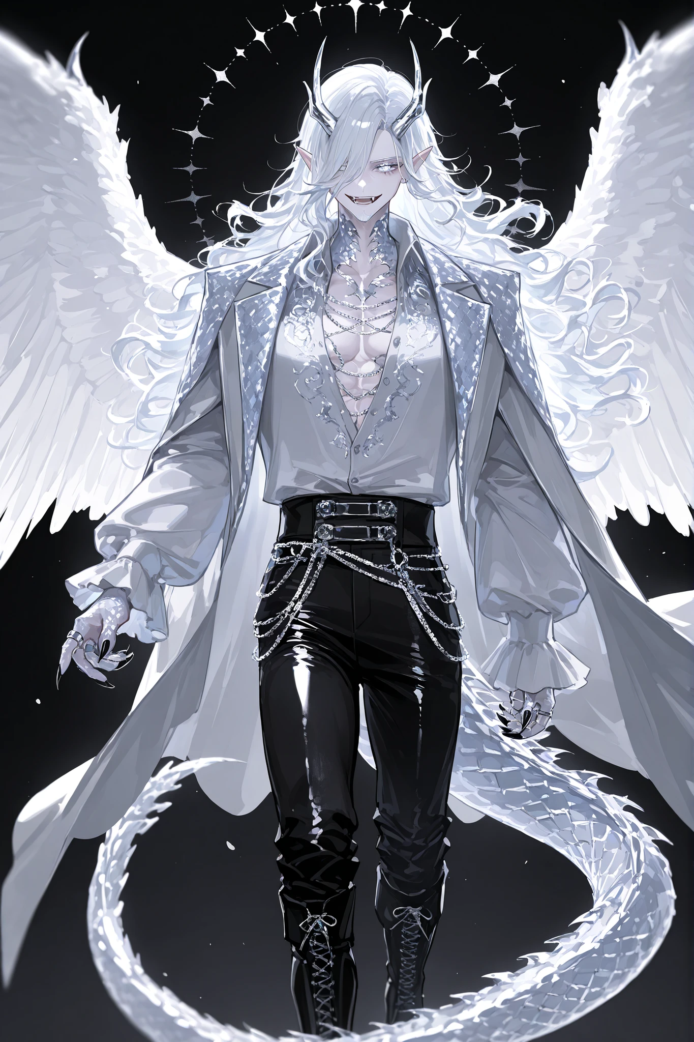 Male character it's a middle-aged mature dragon hybrid. He has snow-white silver metallic skin, muscular, masculine build, and pointed ears. He has silver-white dragon scales, metallic horns , silver-white metallic scaly dragon tail with spikes, and silver-white wings. He has toothy smile (vampire fangs) and snake tongue. He has white metallic eyes. He has longest snow-white wavy hair. He's not shaved-he has a goatee and a Fu Manchu mustache. He is wearing a loose-fitting black unbuttoned blouse, frill, and poet's sleeves. Silver vest with dragon scale print. She wears black trousers with lacing on the sides. Hip-high black boots. A black feathered cape. He has black claws and silver rings. (In the background:a moonlit starry night in abandoned Gothic overgrown castle.)