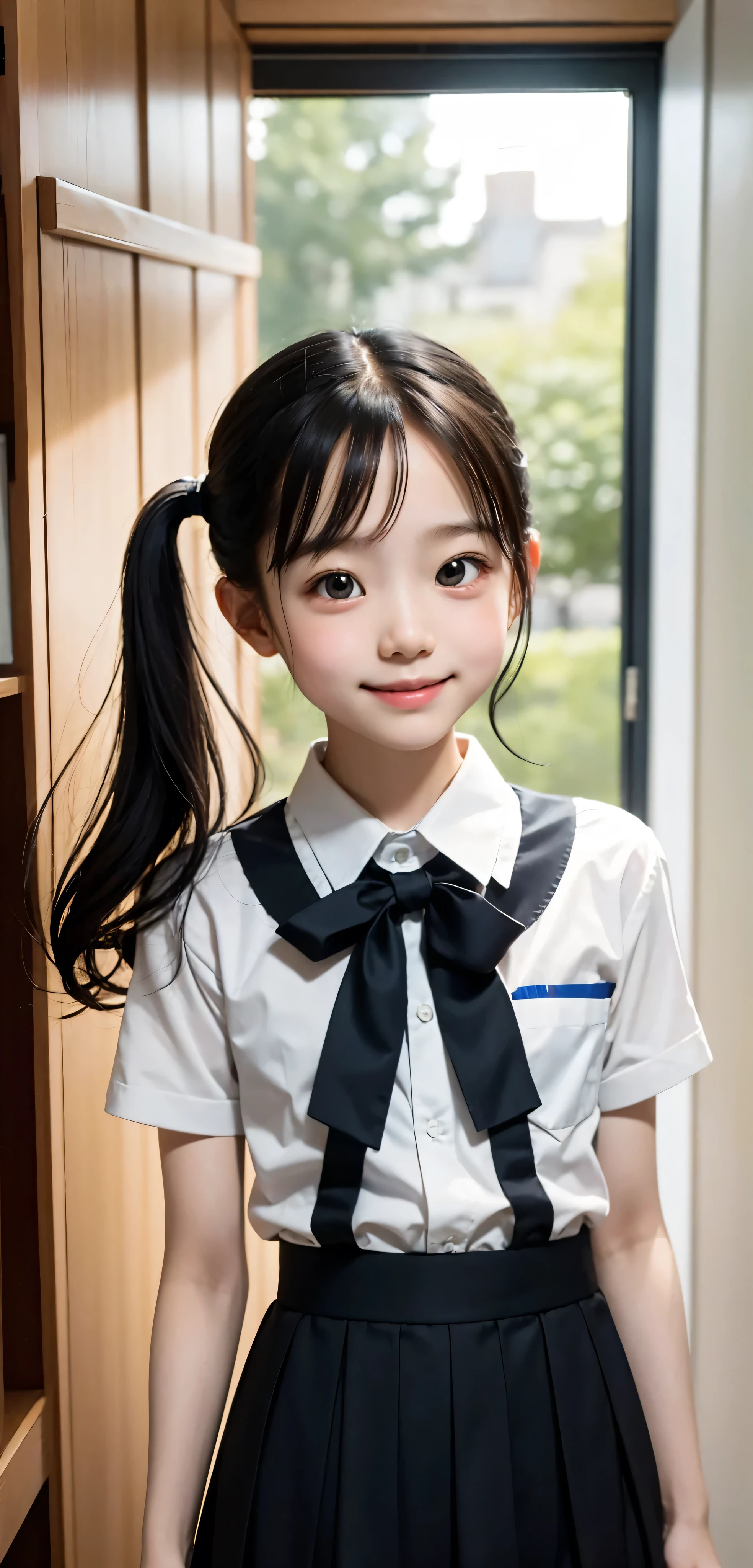 elementary school student,uniform, please line up quietly before entering the classroom, girlss,cute, Greatest Masterpieces, details, 4K,8k,16 kg, skinny, 10_Year_old_cute_girls, smile:0.6