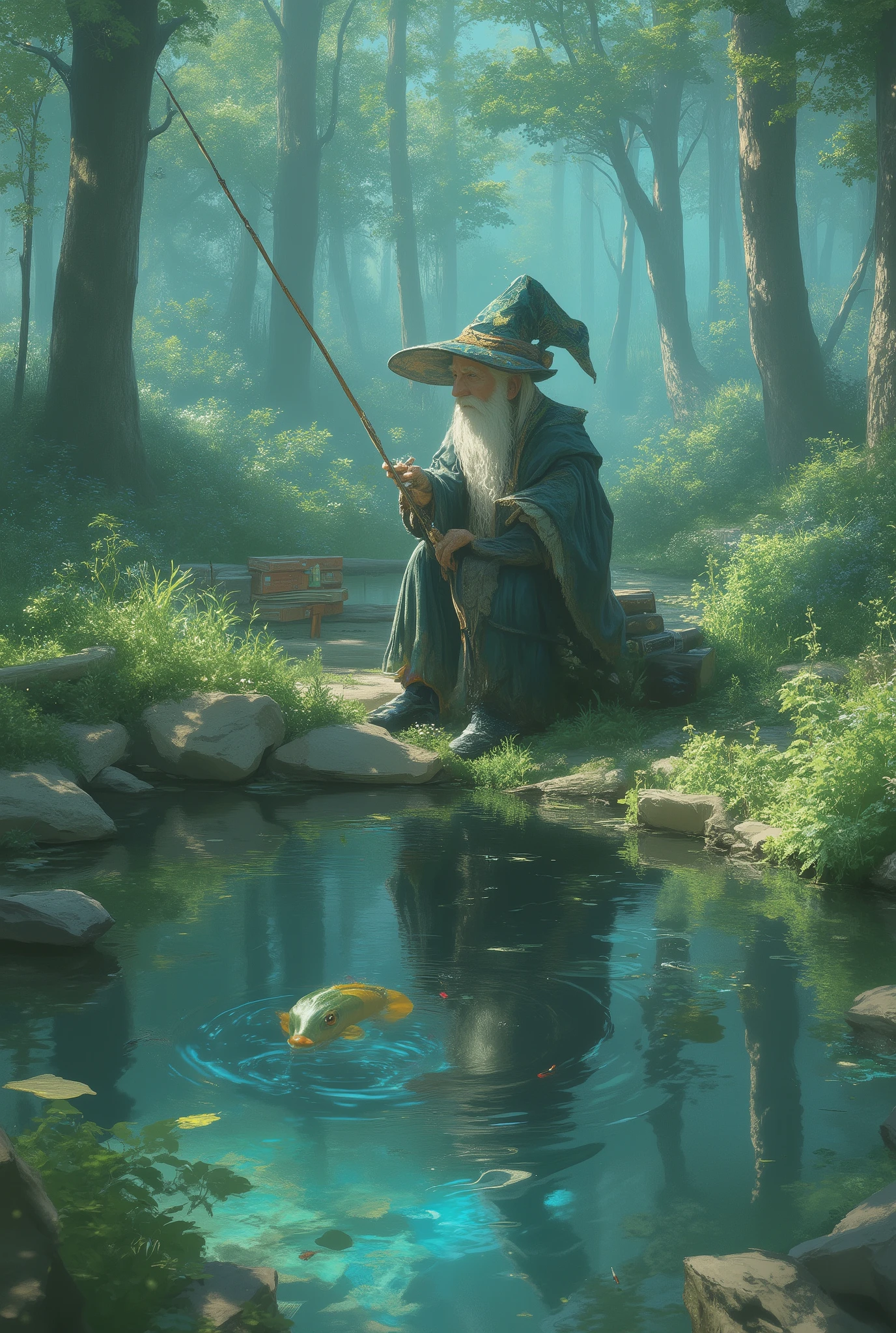 A scene where the wizard's grandfather, who has a retired vibe, hangs a fishing line in the pond,nostalgic and warm、where fantasy intersects,The stage is a small pond in a quiet forest,Morning Mist,time period when soft light shines in,calm and peaceful,A little lonely and warm atmosphere,Accessories and costume details that make you feel like a wizard,grandpa wizard,Clothes are used Robe and faded pointy hat,creates a sense of retirement with patchwork and fraying,uses a magic wand instead of a fishing rod,expressions are gentle and gentle smiles,gray hair and long beard、Slightly unkempt,scenes are trees on the surface of the water々and the sky is reflected。small ripples ,Fish that occasionally bounces,flowers blooming by the pond、Mossy stone、Tree roots、x} Relaxing beside a black cat {x } Small creatures such as frogs and dragonflies,Sitting fishing with piled up magic books,Place magic bottles and bento boxes nearby,fantasy,owl looking,colors are pastel,pale blue green, etc.、Colors that make you feel nostalgic and serenity,soft sunlight filtering through the trees,suggests a mythical affinity with the natural world,A calm atmosphere and connection with nature,organic The motif is quiet and whimsical, evokes something timeless,Lush green themes throughout the scene from another world,dreamy fantastic anime, Anime Art Nouveau