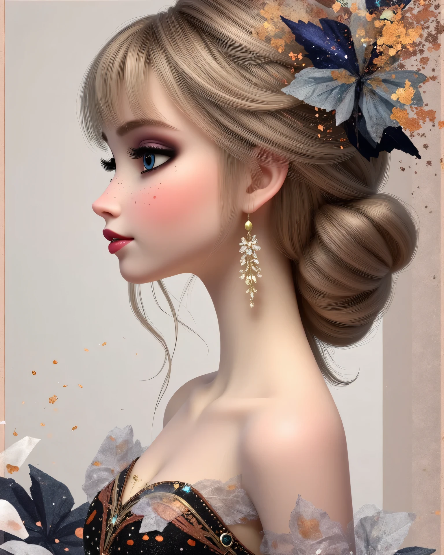 A hyper-realistic ultra-detailed portrait of Elsa reimagined with a bold and modern fantasy-rockstar aesthetic. She has long, flowing platinum-blonde hair cascading in soft, voluminous waves with delicate face-framing strands. Her icy-blue eyes are luminous and expressive, framed by long lashes and soft eyeliner. Her skin is flawless and glowing, with a natural blush and faint freckles across her cheeks. Her lips are soft and full with a delicate rose-nude tint, adding to her youthful elegance.

Her face is perfectly sculpted with high cheekbones, a gentle jawline, and a confident expression radiating strength and charm.

Elsa’s body is slender, balanced, and gracefully proportioned, with a regal and confident posture. Her shoulders are smooth and feminine, transitioning into slender, elegant arms. Her waist is long, defined, and beautifully sculpted, forming a graceful and elongated torso that enhances her queenly figure. The transition from her ribcage down to her hips is smooth and natural, creating a striking hourglass silhouette. Fine, subtle muscle lines follow the length of her waist, adding realistic depth and dimension. The skin here is soft and radiant, with gentle highlights and shadow gradients emphasizing the length and curve.

The midriff area is highly detailed — smooth and toned with natural skin texture and delicate vertical definition, gently narrowing as it approaches the waistline before curving outward into the hips. Her hips are softly rounded and proportionate, balancing her figure and creating a harmonious flow into her long, slender legs.

She is wearing a shimmering embellished black crop top with intricate beaded floral patterns that sparkle under soft light, paired with a bold high-waisted mini skirt adorned with metallic buckles and layers of decorative chain belts. Elegant layered necklaces, a cross pendant, and statement earrings enhance her royal yet rebellious aesthetic.

Her pose is confident and magnetic, highlighting the elongated