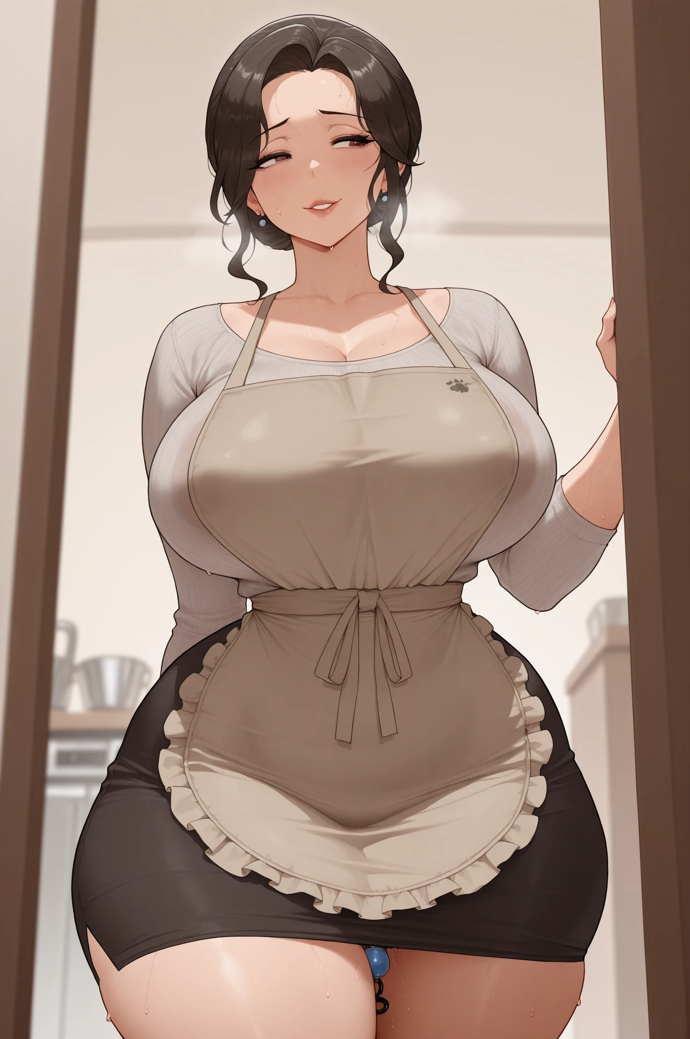 (masterpiece, top quality, best quality, official art, beautiful and aesthetic:1.2),(8k, best quality, masterpiece:1.2), (((masterpiece))),(((best quality))),(((extremely detailed))),illustration,who, (masterpiece, top quality, best quality, official art, beautiful and aesthetic:1.2),(8k, best quality, masterpiece:1.2), acheron_red, 1girl, ahoge, arms_behind_back, black_apron, black_pantyhose, commentary_request, cowboy_shot, highres, indoors, large_breasts, long_sleeves, looking_at_viewer, official_alternate_eye_color, official_alternate_hair_color, ponytail, ribbed_sweater, solo, standing, turtleneck_sweater, tying_apron, white_sweater