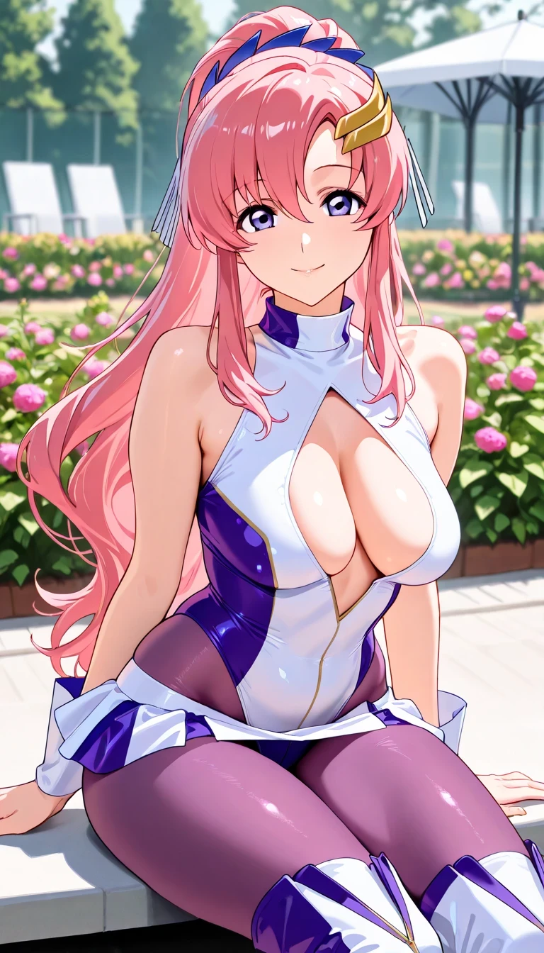 score_9, score_8_up, score_7_up, source_anime, Top Quality、8k、masterpiece、natural light、and high precision、perfect anatomy、A woman、small , sagging , (voluptuous body:1.4), lacus_c, 1girl, solo, long hair, ponytail, pink hair, hair between eyes, purple eyes, hair ornament, (Happy Expression, looking at viewer), Race queen costume, sleeveless, Thin Leotard, high-leg, Cleavage cutout, micro skirt, purple pantyhose, long Boots, (Garden, blurry background), sitting, Stylish pose