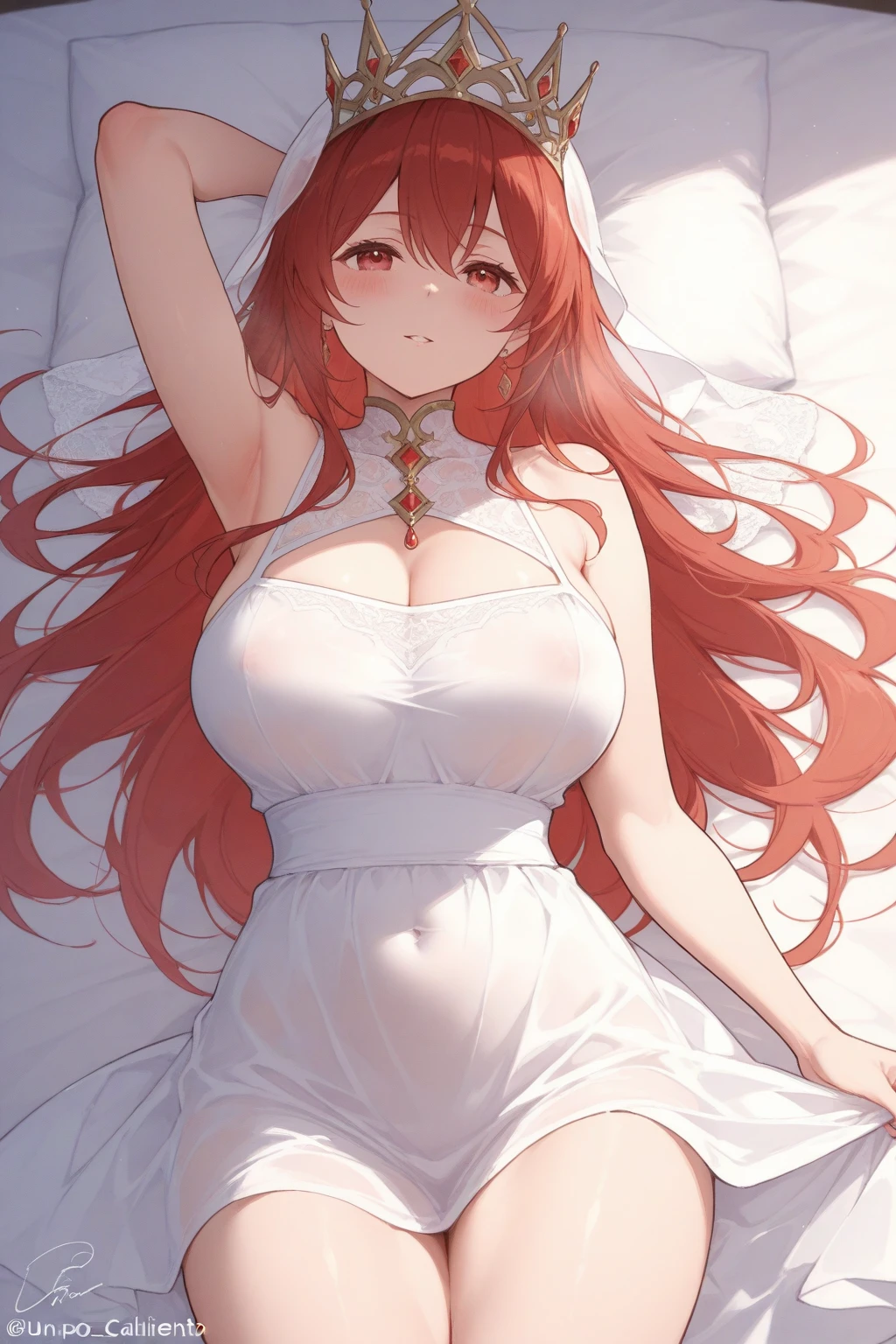 Make me a realistic picture, em Golden hour, uma mulher segurando um tabaco/enrolado em papel fino, she is sitting on white sheets, tem cabelos longos e cacheados, Her hair is red, ela tem olhos verdes.