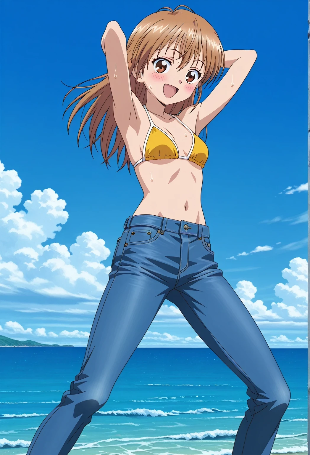score_9, score_8_up, score_7_up, source_anime, highres, hi res, ((best quality, top quality, perfect quality, Highest Quality, amazing quality)), {{masterpiece}}, {{an extremely delicate and beautiful}}, 2d, intricate details, official style, anime, 8k, anime style, official_anime, official art, digital painting, cell shading, soft shading, high resolution, soothing tones, Subdued Color, Soft cinematic light, adobe lightroom, photolab, HDR, intricately and hyper-detailed, ((high quality animation)), 1 girl, Alone, solo, ((ocean)), tsunami, on the water, day, sunny, outdoors, sky, windy, nagisa misumi, long hair, brown hair, brown eyes, anime screencap, small breasts, yellow bikini top, best quality, hyper-detailed jeans, ((blue jeans:1.9)), (dark blue jeans:0.6), full medium body, medium shot, Open mouth, smiling, happy face, blush, sweat, standing, ((arms behind head:6.0)), bowlegged, jumping pose, action, looking at viewer, spread legs, Bend knees slightly, straight-on front view