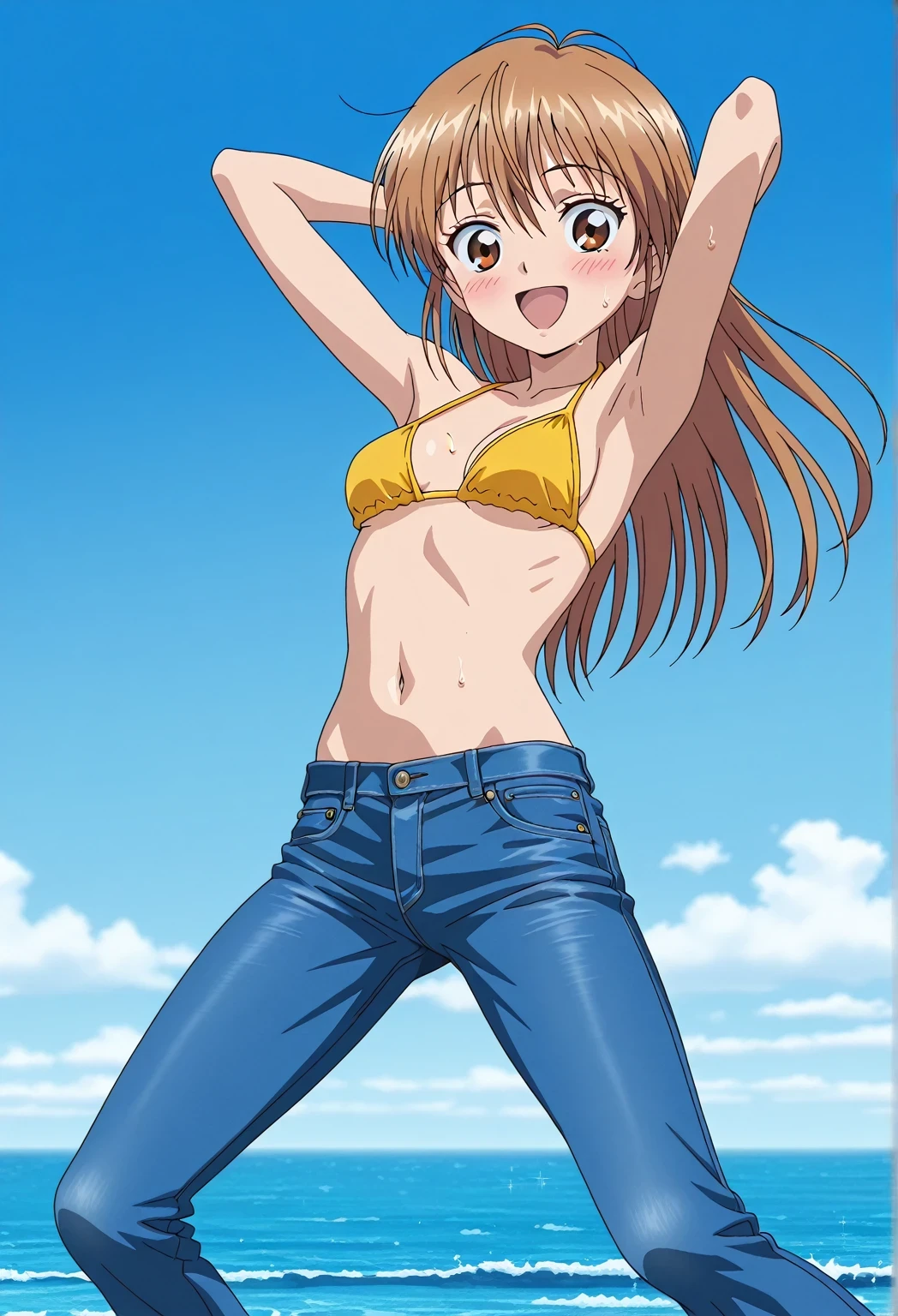 score_9, score_8_up, score_7_up, source_anime, highres, hi res, ((best quality, top quality, perfect quality, Highest Quality, amazing quality)), {{masterpiece}}, {{an extremely delicate and beautiful}}, 2d, intricate details, official style, anime, 8k, anime style, official_anime, official art, digital painting, cell shading, soft shading, high resolution, soothing tones, Subdued Color, Soft cinematic light, adobe lightroom, photolab, HDR, intricately and hyper-detailed, ((high quality animation)), 1 girl, Alone, solo, ((ocean)), tsunami, on the water, day, sunny, outdoors, sky, windy, nagisa misumi, long hair, brown hair, brown eyes, anime screencap, small breasts, yellow bikini top, best quality, hyper-detailed jeans, ((blue jeans:1.9)), (dark blue jeans:0.6), full medium body, medium shot, Open mouth, smiling, happy face, blush, sweat, standing, ((arms behind head:6.0)), bowlegged, jumping pose, action, looking at viewer, spread legs, Bend knees slightly, straight-on front view