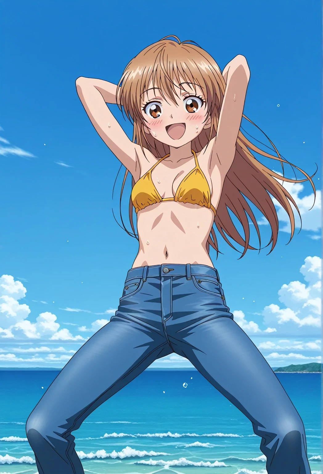 score_9, score_8_up, score_7_up, source_anime, highres, hi res, ((best quality, top quality, perfect quality, Highest Quality, amazing quality)), {{masterpiece}}, {{an extremely delicate and beautiful}}, 2d, intricate details, official style, anime, 8k, anime style, official_anime, official art, digital painting, cell shading, soft shading, high resolution, soothing tones, Subdued Color, Soft cinematic light, adobe lightroom, photolab, HDR, intricately and hyper-detailed, ((high quality animation)), 1 girl, Alone, solo, ((ocean)), tsunami, on the water, day, sunny, outdoors, sky, windy, nagisa misumi, long hair, brown hair, brown eyes, anime screencap, small breasts, yellow bikini top, best quality, hyper-detailed jeans, ((blue jeans:1.9)), (dark blue jeans:0.6), full medium body, medium shot, Open mouth, smiling, happy face, blush, sweat, standing, ((arms behind head:6.0)), bowlegged, jumping pose, action, looking at viewer, spread legs, Bend knees slightly, straight-on front view