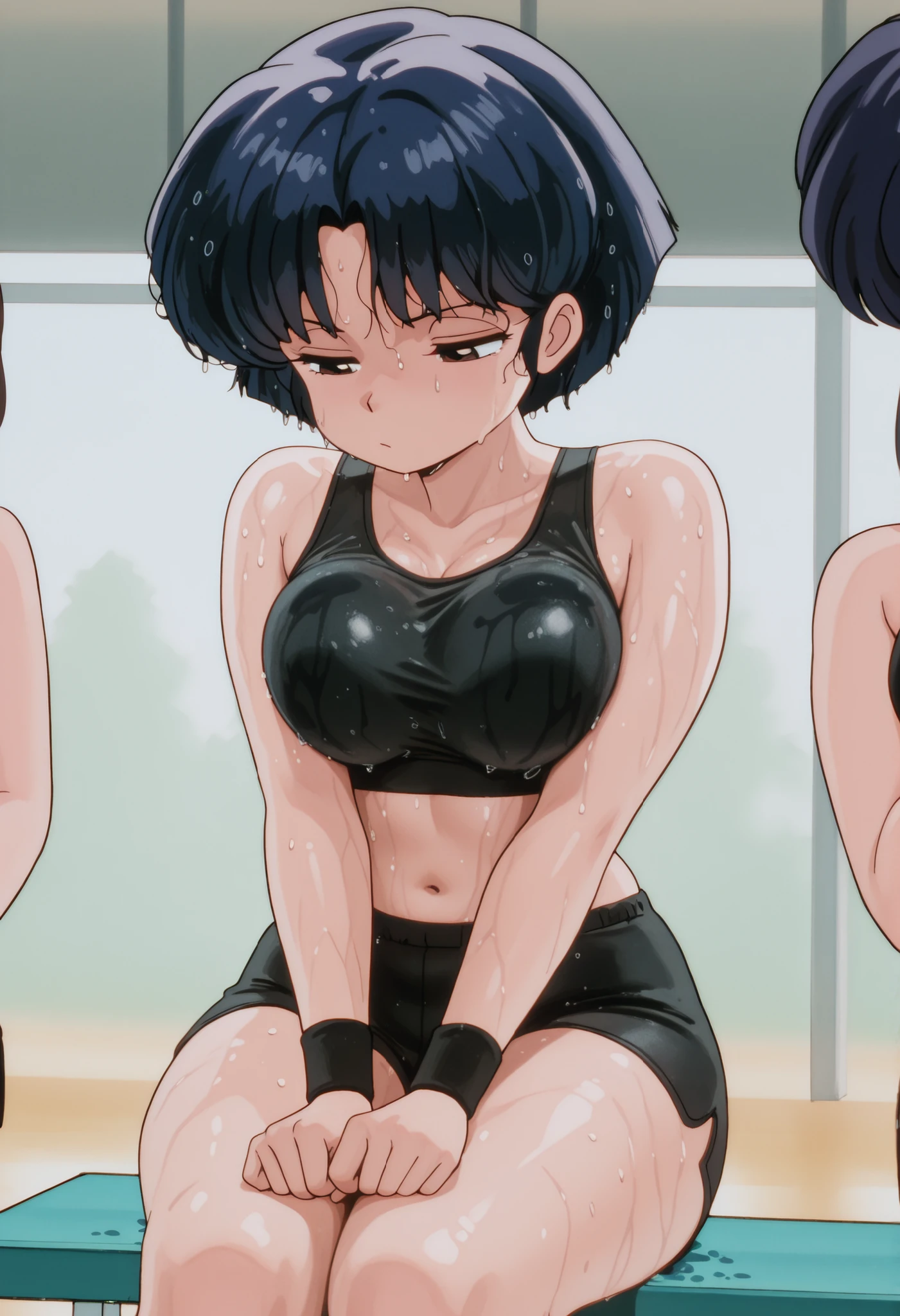 akane tendou, dark blue hair, short hair, ojos cafes, Medium breasts, NSFW,  hair on face , wet hair, abdomen sexy, pose sexy, sexy waist,  sexy hips, workout clothes, black workout top, black shorts, bare navel, sweat, vapor corporal, blushed, gym, expression of boredom, bored, half-closed heavy-lidded eyes, slack mouth, relaxed, black wristbands, sighing, sitting on the exercise bench, limpiando sweat, black clothes, looking down, breasts squeezed together, squeezed breasts