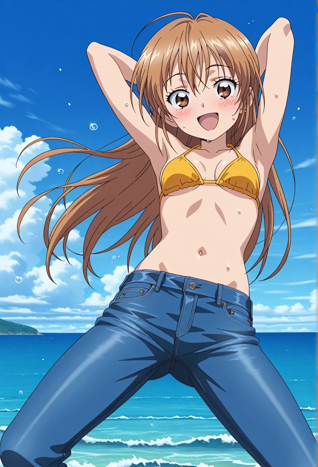 score_9, score_8_up, score_7_up, source_anime, highres, hi res, ((best quality, top quality, perfect quality, Highest Quality, amazing quality)), {{masterpiece}}, {{an extremely delicate and beautiful}}, 2d, intricate details, official style, anime, 8k, anime style, official_anime, official art, digital painting, cell shading, soft shading, high resolution, soothing tones, Subdued Color, Soft cinematic light, adobe lightroom, photolab, HDR, intricately and hyper-detailed, ((high quality animation)), 1 girl, Alone, solo, ((ocean)), tsunami, on the water, day, sunny, outdoors, sky, windy, nagisa misumi, long hair, brown hair, brown eyes, anime screencap, small breasts, yellow bikini top, best quality, hyper-detailed jeans, ((blue jeans:1.9)), (dark blue jeans:0.6), full medium body, medium shot, Open mouth, smiling, happy face, blush, sweat, standing, ((arms behind head:6.0)), bowlegged, jumping pose, action, looking at viewer, spread legs, Bend knees slightly, straight-on front view